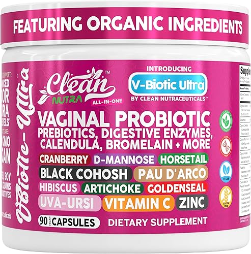 Miniatura 1 de Clean Nutra Organic - Probiótico vaginal todo en uno para mujer con prebióticos con arándano, D-manosa, vitamina C y zinc, 90 cápsulas (1)