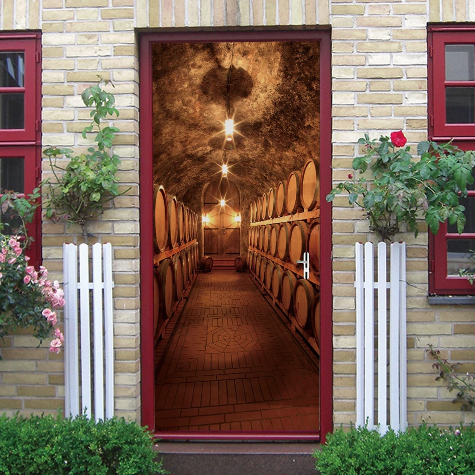 Autocollant Porte Cave à Vin 3D - 85x215cm, PVC, Décoration Murale Amovible