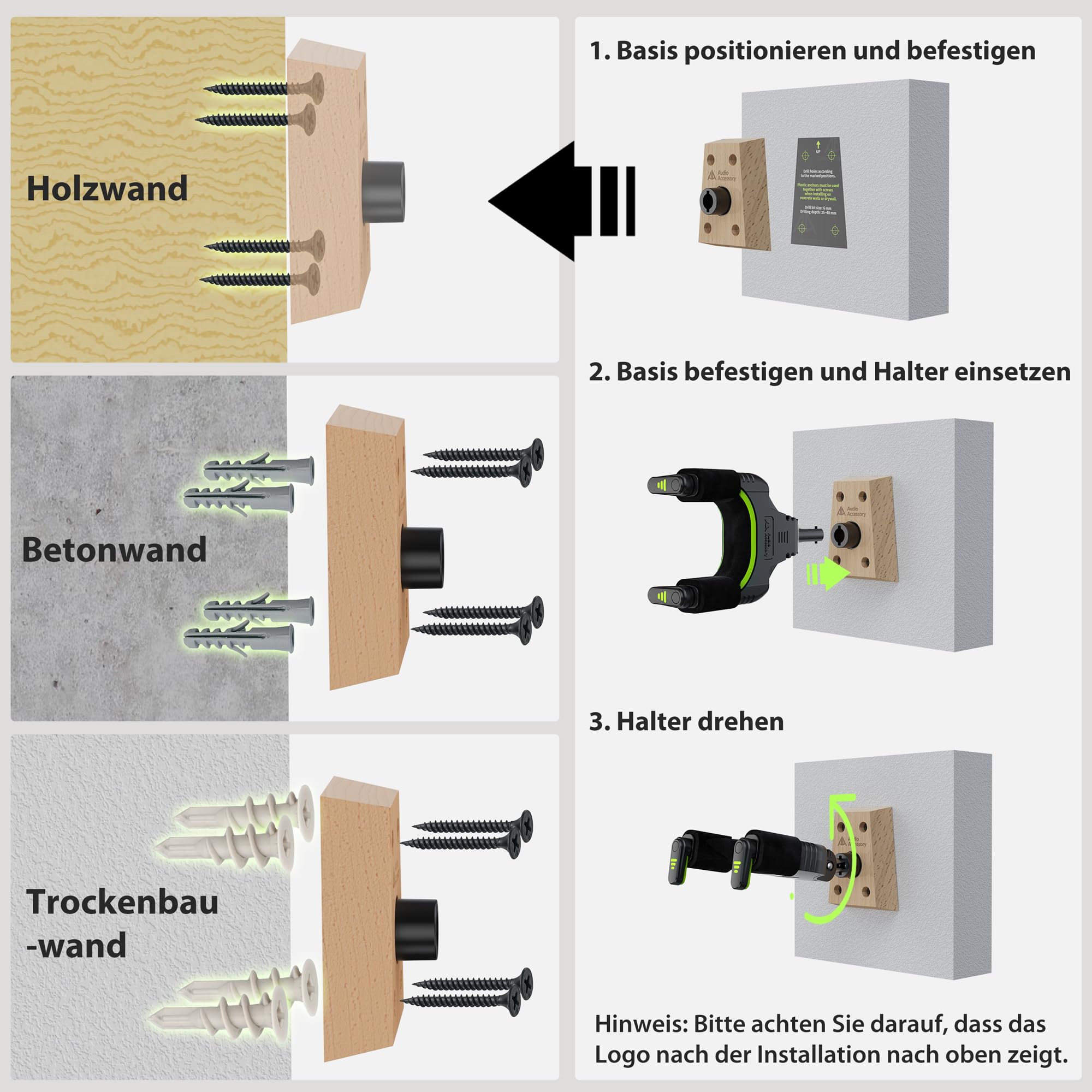 AA AUDIO ACCESSORY 2er-Pack Gitarrenhalter für die Wand mit Autoverriegelung, Nitro-freundlicher Samthaken, 4-Schrauben-Holzfuß, bis 9 kg Tragfähigkeit für Bass, Akustik-, Klassik- und E-Gitarre