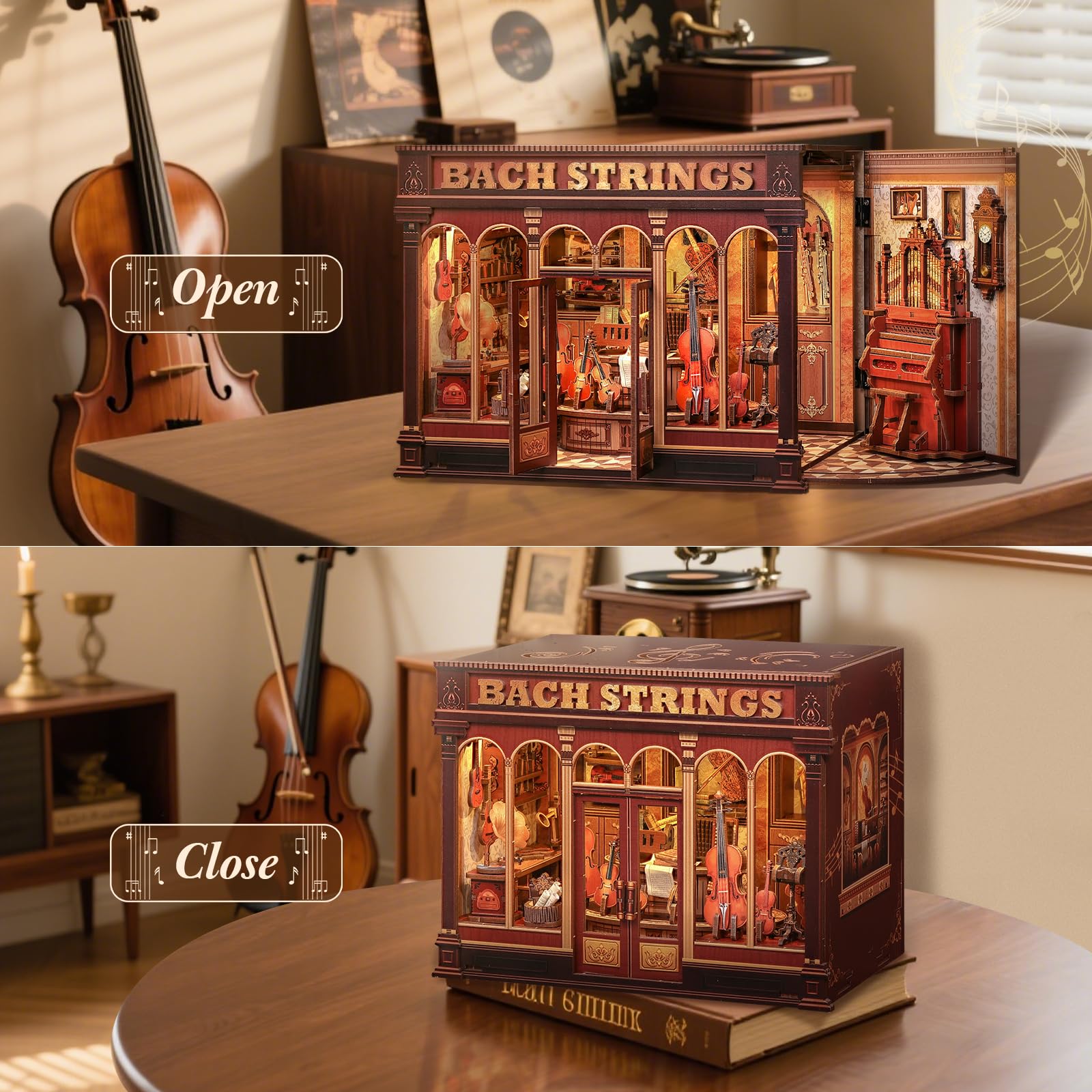 CUTEBEE Book Nook Kit - Casa delle Bambole a Tema Musica Classica, Casa in Miniatura Vintage con Luci LED, Decorazione per Libreria, (Bach Strings)