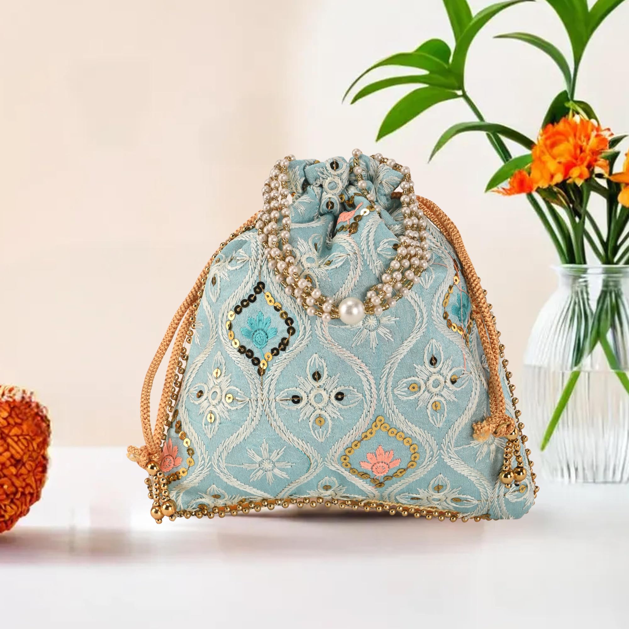 Kuber Industries Embroidery Potli Bags for Women with Pearl Handle & Drawstring | Indian Ethnic Potli Bags for Ladies for Wedding | Wrist Handbag Purse Batwa | Lakhnavi Print - Sky Blue-image-26