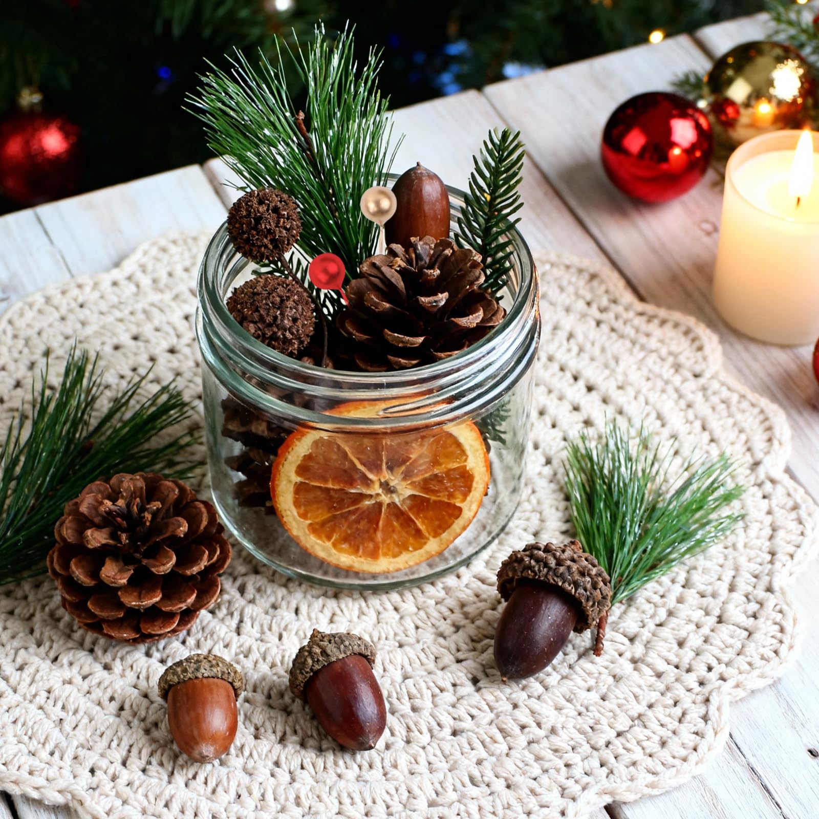 Set di 170 pezzi per corona di Natale - Accessori per corona dell'Avvento con cotone, fette di arancia essiccate, bastoncini di cannella, anice stellato, noci, pigne, bacche, rami di abete
