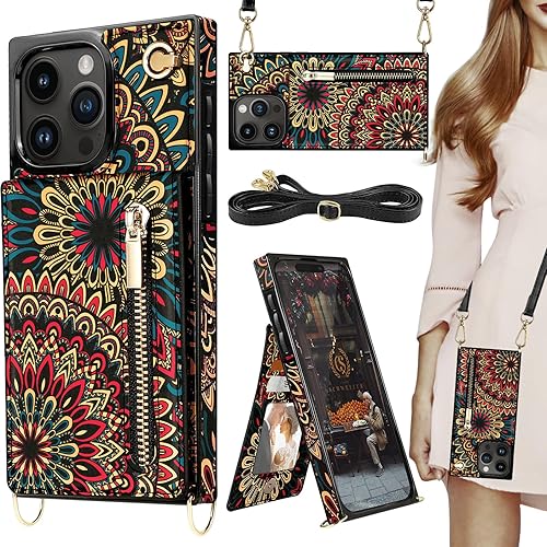 HOGGU Funda compatible con iPhone 15 Pro Max con tarjetero bloqueo RFID, bolso con cremallera, correa cruzada, cierre magnético, de piel floral, HOGGU Funda compatible con iPhone 15 Pro Max con tarjetero bloqueo RFID, bolso con cremallera, correa cruzada, cierre magnético, de piel floral,