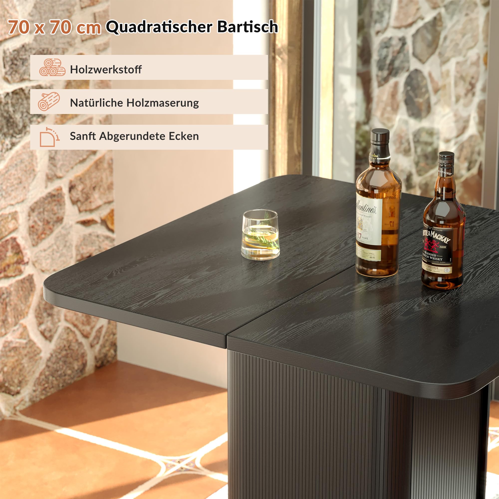 Spanplatte Bartisch Stehtisch Küchentisch, 97x70 x 70 cm Hochtisch, Seiten Tisch mit Stauraum & Weinglashalter, Belastbarkeit 30 kg, für Wohnzimmer Küche Essbereich, Schwarz
