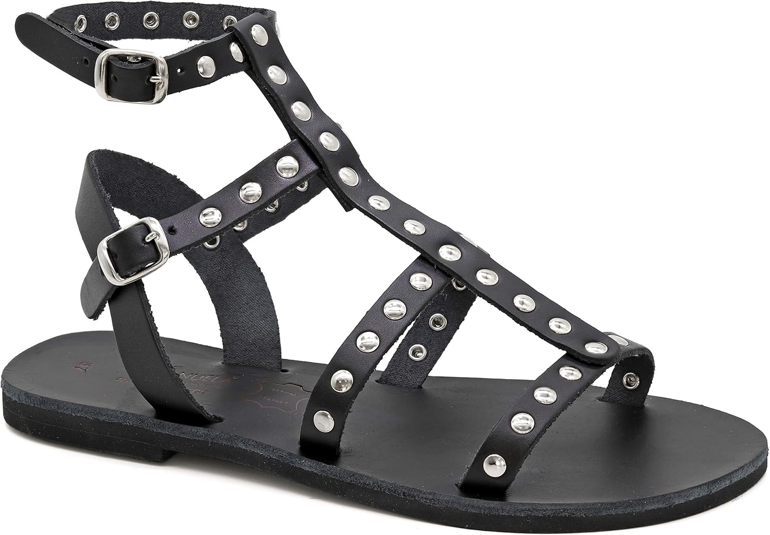 Emmanuela Greek Leather Gladiator Sandals with Metal Studs, Quality Handmade Ankle Strap Summer Shoes, Open Toe Flat sandals with two adjustable buckle straps, Boho Chic Strappy Sandals