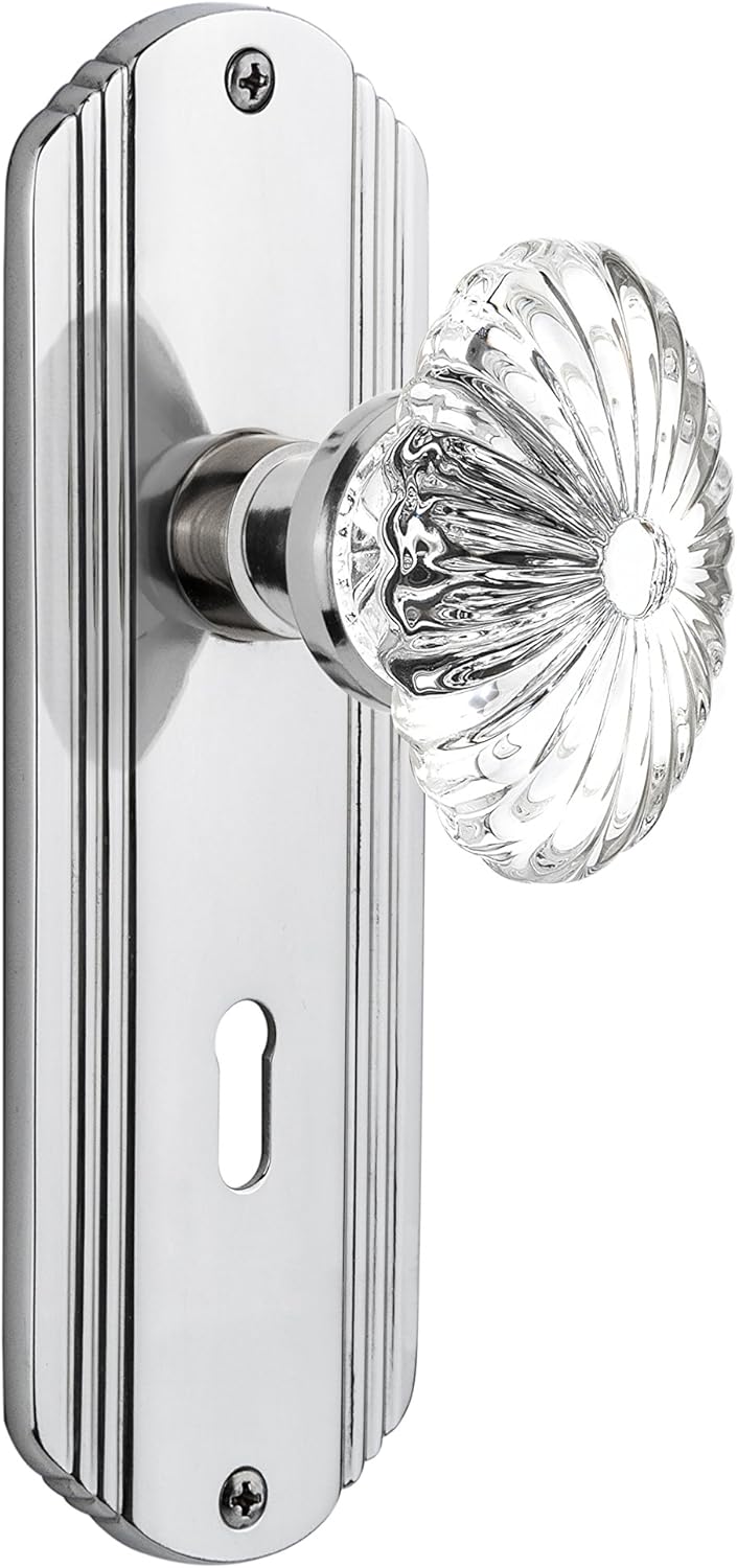 Nostalgic Warehouse Deco Plate with Keyhole Oval Fluted Crystal Glass Knob, Privacy - 2.375", Bright Chrome Nostalgic Warehouse Deco Plate with Keyhole Oval Fluted Crystal Glass Knob, Privacy - 2.375", Bright Chrome
