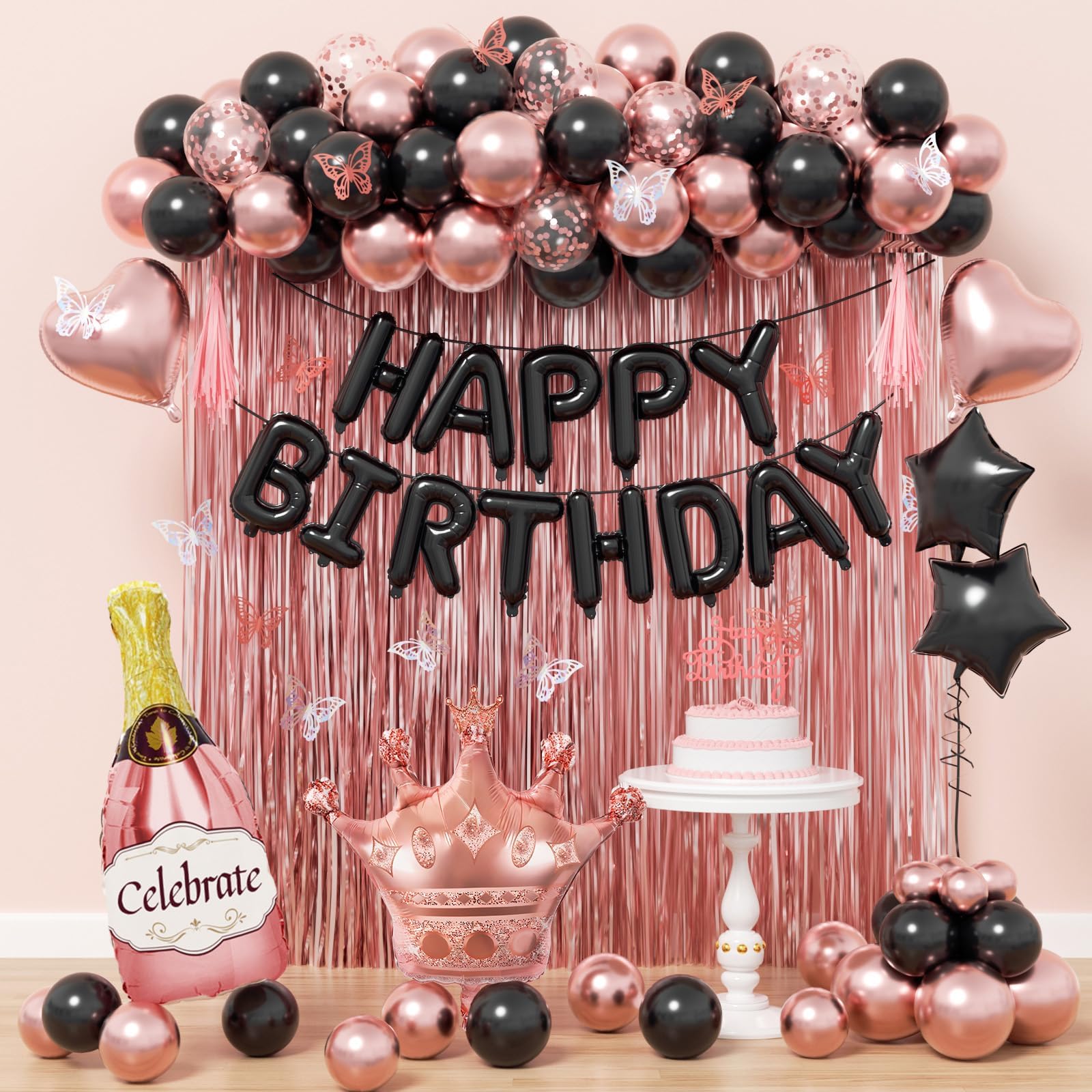 Rose Gold and Black Birthday Party Decorations with Happy Birthday Banner Fringe Curtai Cake Topper Butterfly Decorations Foil Balloons Happy Birthday Decorations for Women Adults