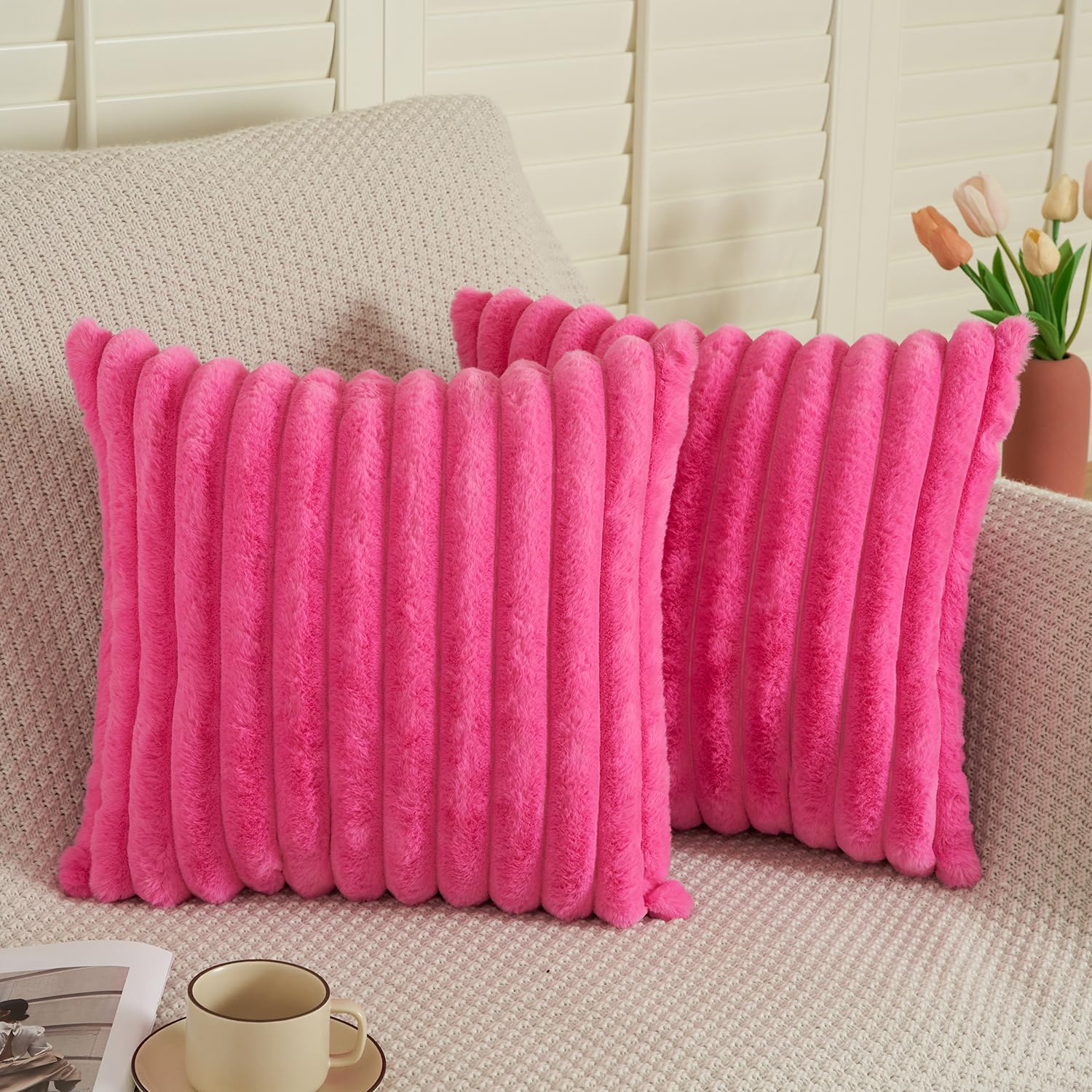 EASE LEAP Hot Pink Cushion Covers 60cm x 60cm Fluffy Faux Fur Set of 2 Throw Pillow Covers Soft Plush Pillowcases for Sofa Bed Modern Style Home Decor Fluffy Striped Cushion Cover 24x24 Inches โ image 1