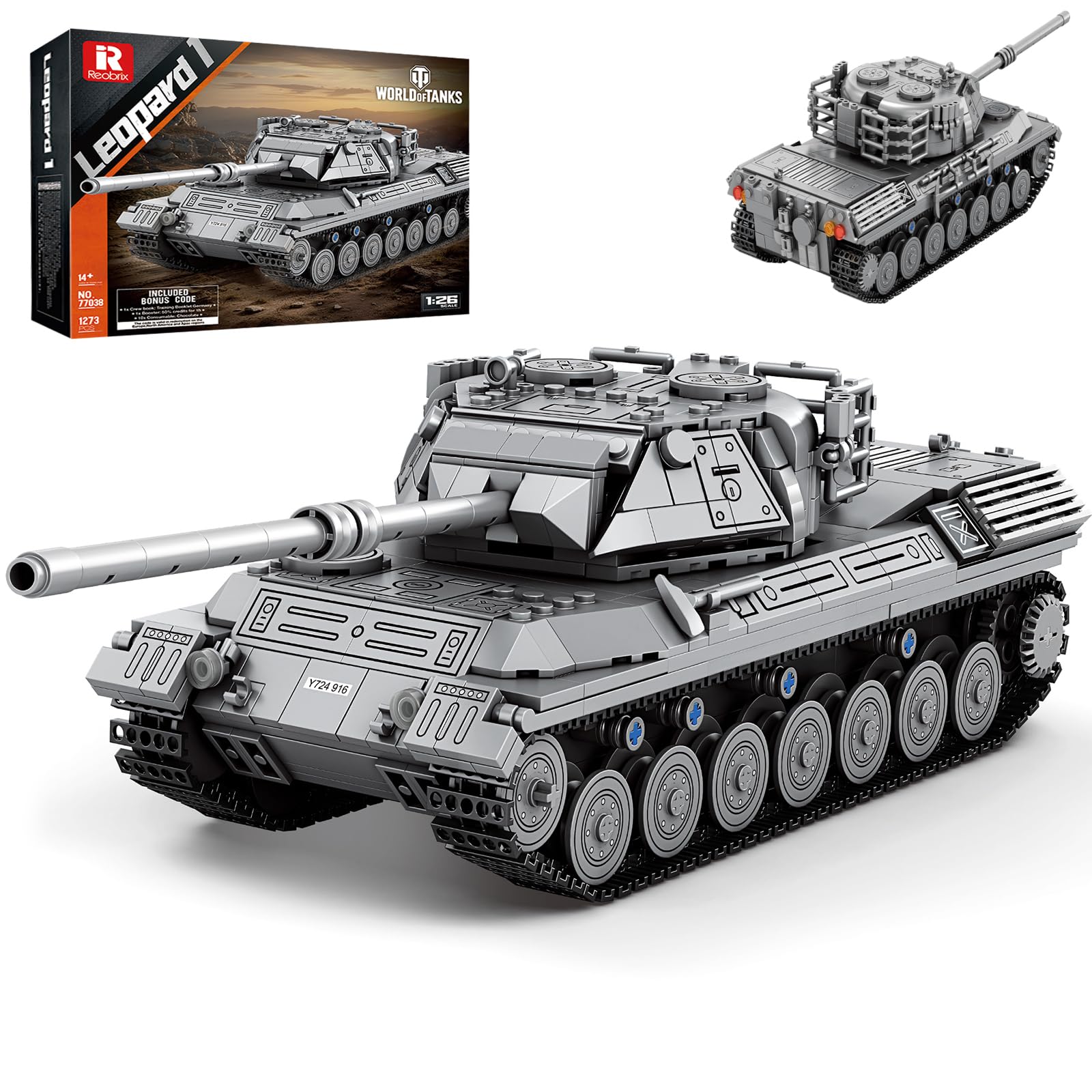 Reobrix 77038 Leopard 1 Panzer Modellbausatz, Klemmbausteine für Erwachsene | Maßstab 1:26, Beweglich Turm, Ketten und Kanone, Militärpanzer, Militärfahrzeuge, World of Tanks Lizenziert, 1273 Teile