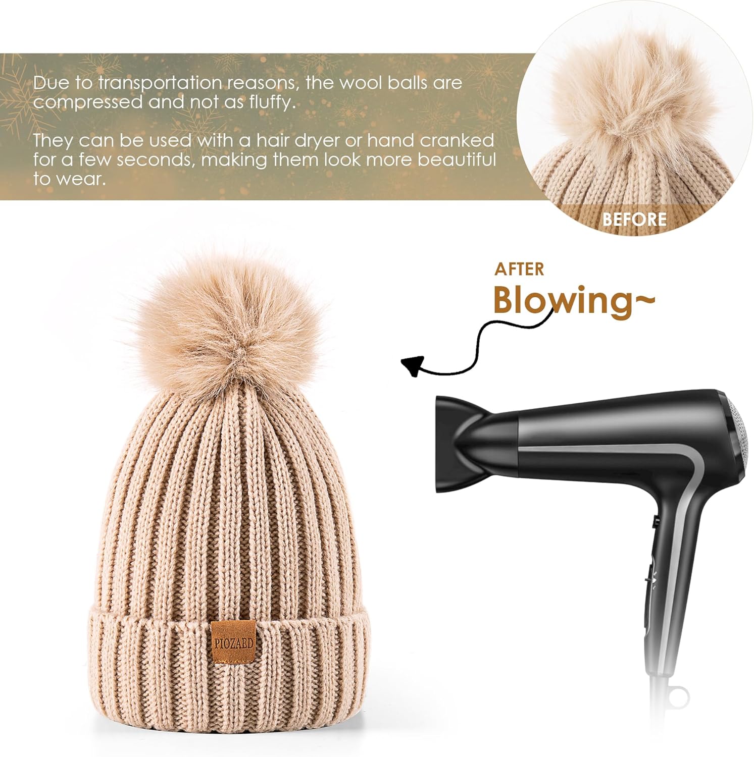 Womens Winter Beanie Hat Fleece Lined Warm Skull Cap with Faux Fur Pom Cuff Knitted Hat for Women - Image 5