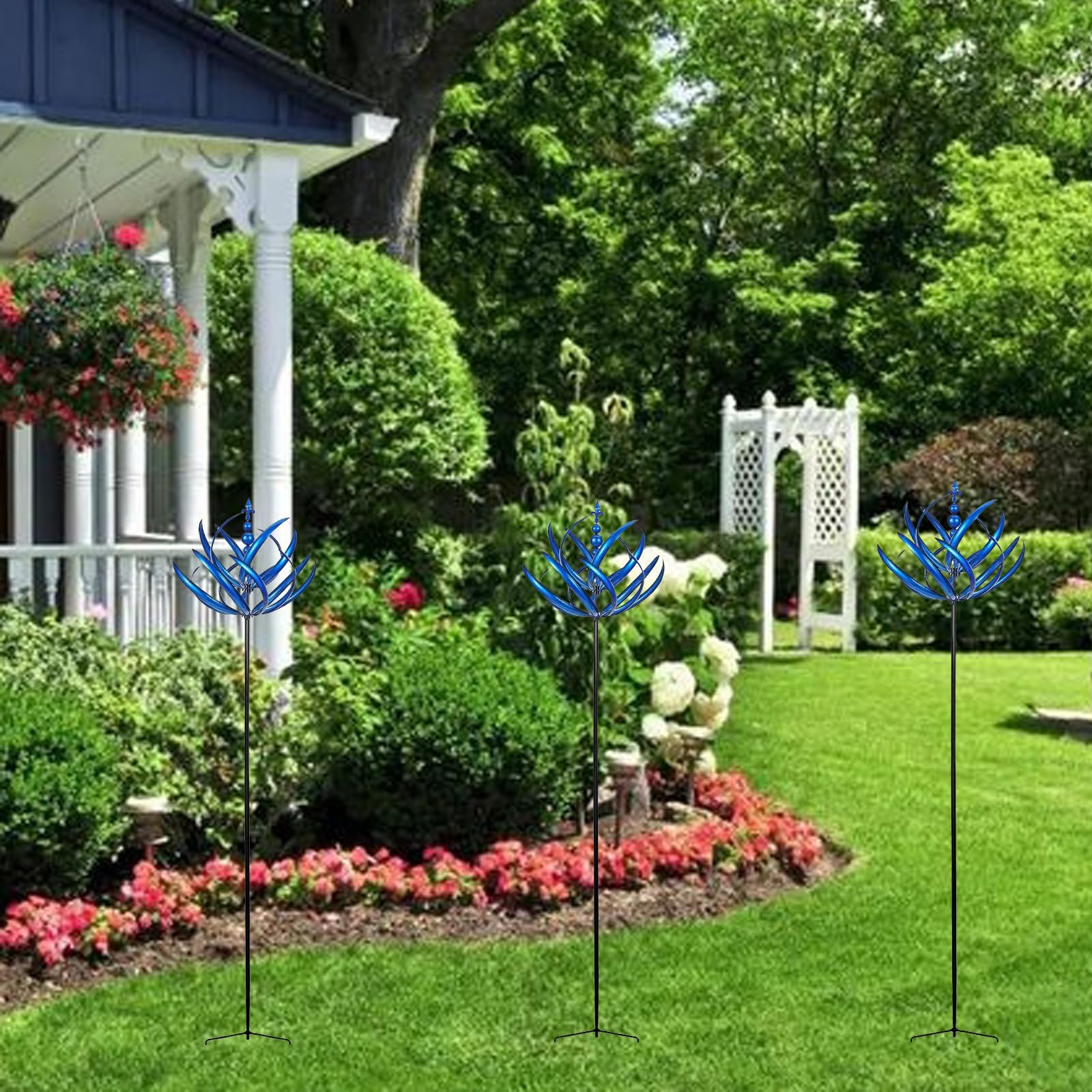 Scultura da giardino con mulino a vento 3D dinamico con paletto da giardino in metallo (argento