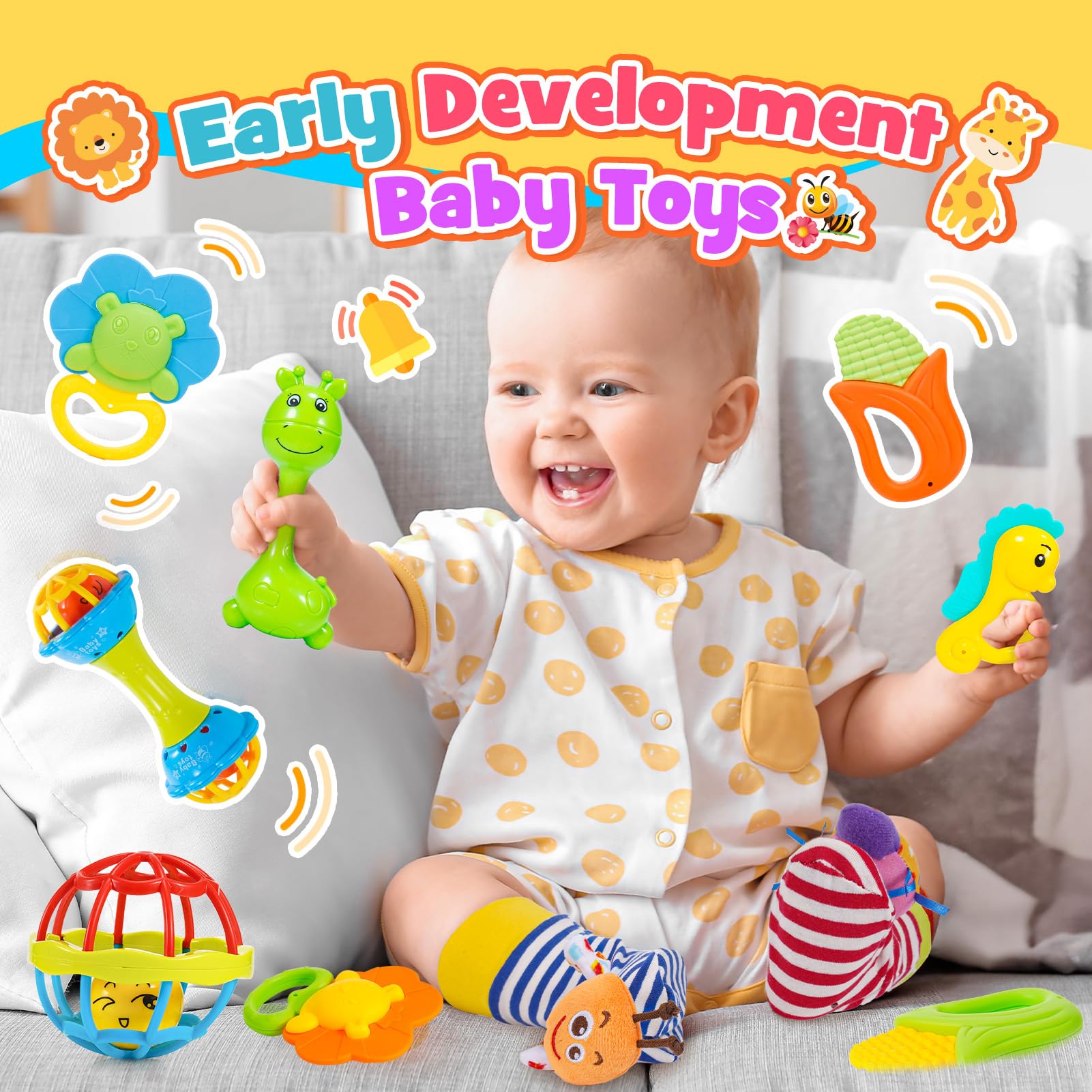 Sonaglio Neonato 0-12 Mesi, Giochi Neonato 0-3-6-9-12 Mesi Giochi Dentizione Neonato Giochi 0-12 Mesi Regalo Neonato Montessori Giocattoli 0-6-12 Mesi Giochi Sensoriali per Neonati
