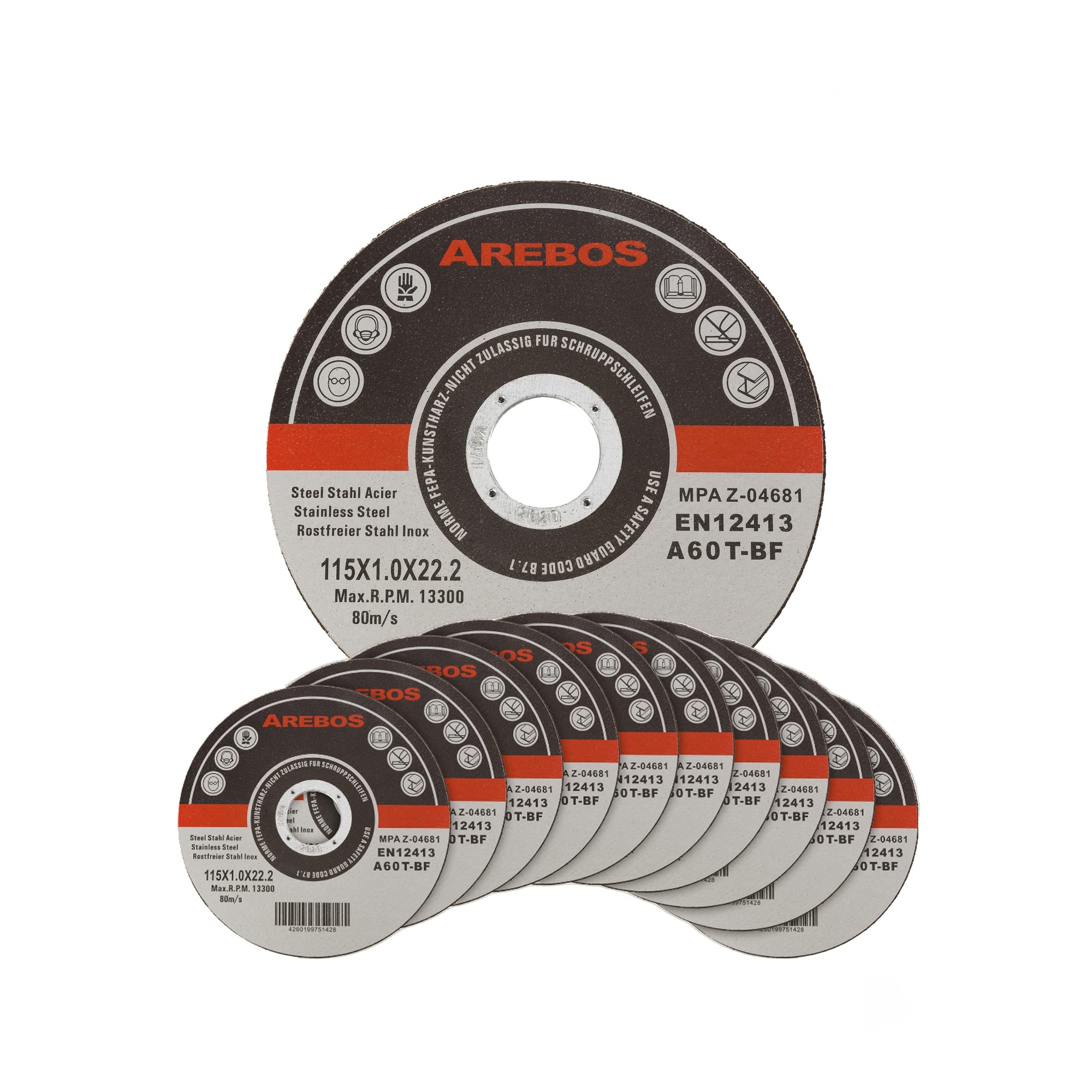 Arebos 100 x Stainless Steel Cutting Discs 115mm x 1mm for Angle Grinder