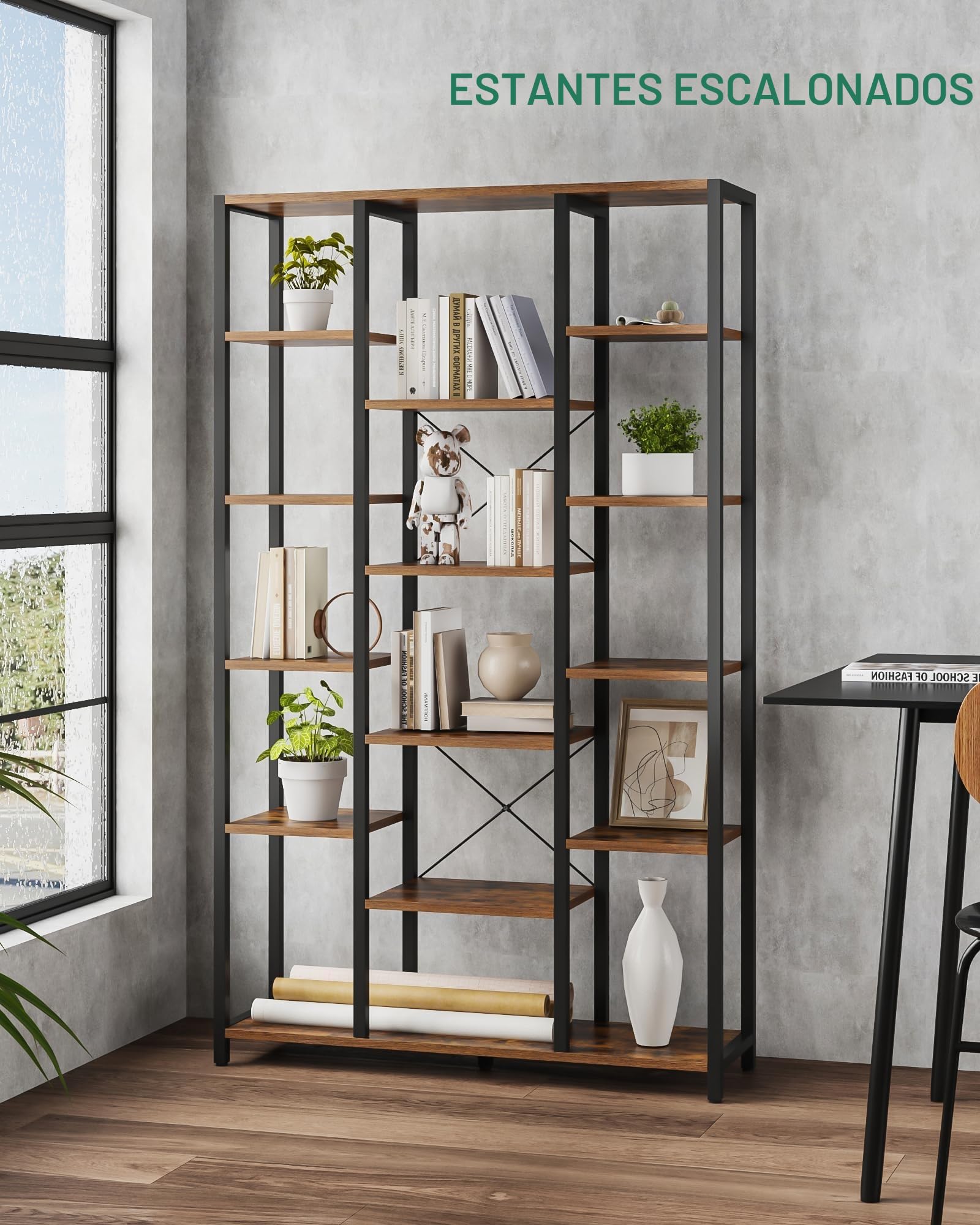 Hzuaneri Librería con 15 Estantes, Estanteria Libros, para Sala de Estar, Estudio, Oficina, 30 x 100 x 170 cm, Marrón Rústico y Negro BC15001B