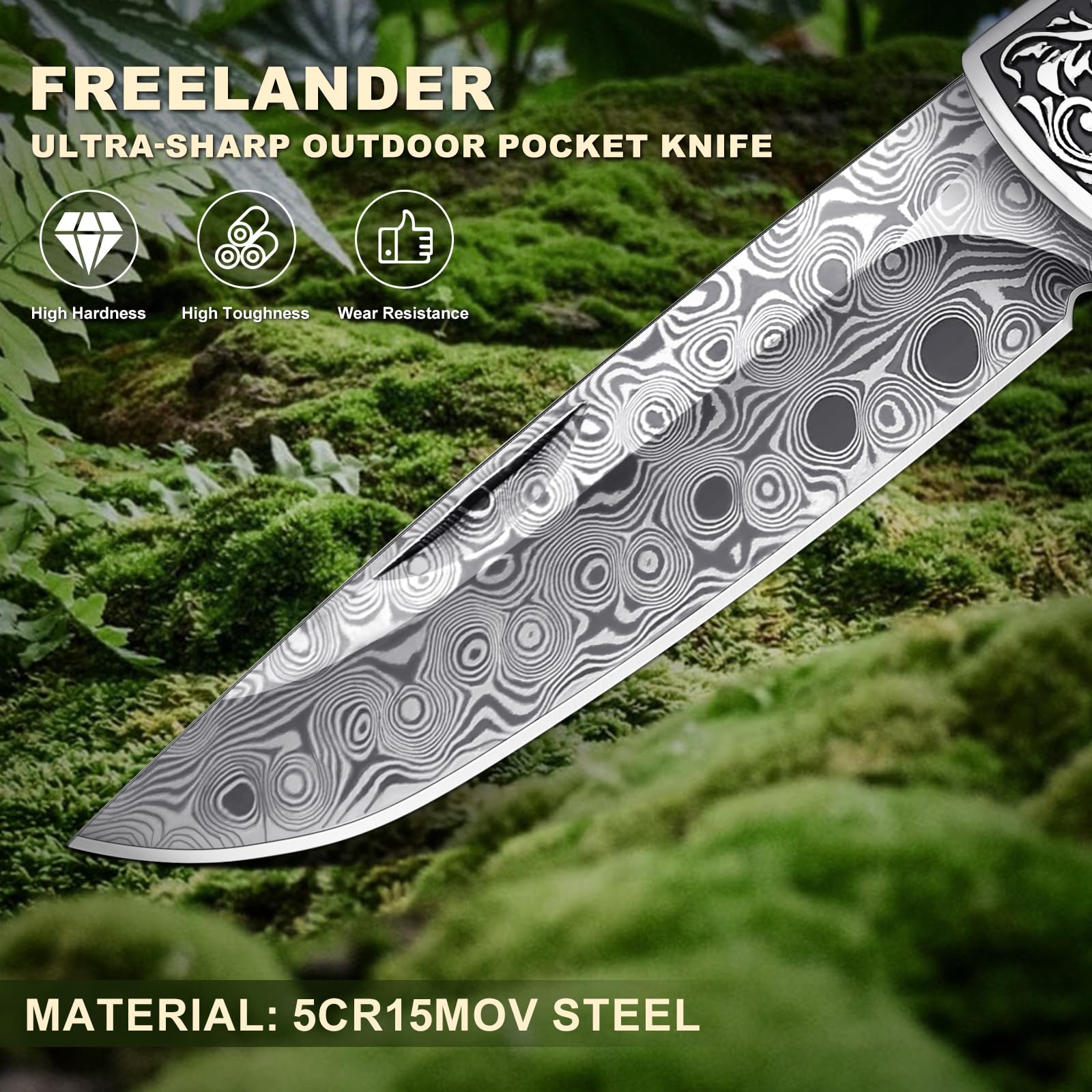 Freelander Coltello tascabile pieghevole in acciaio 5CR15, manico in legno di pera, per esterni, sopravvivenza e pesca con fondina