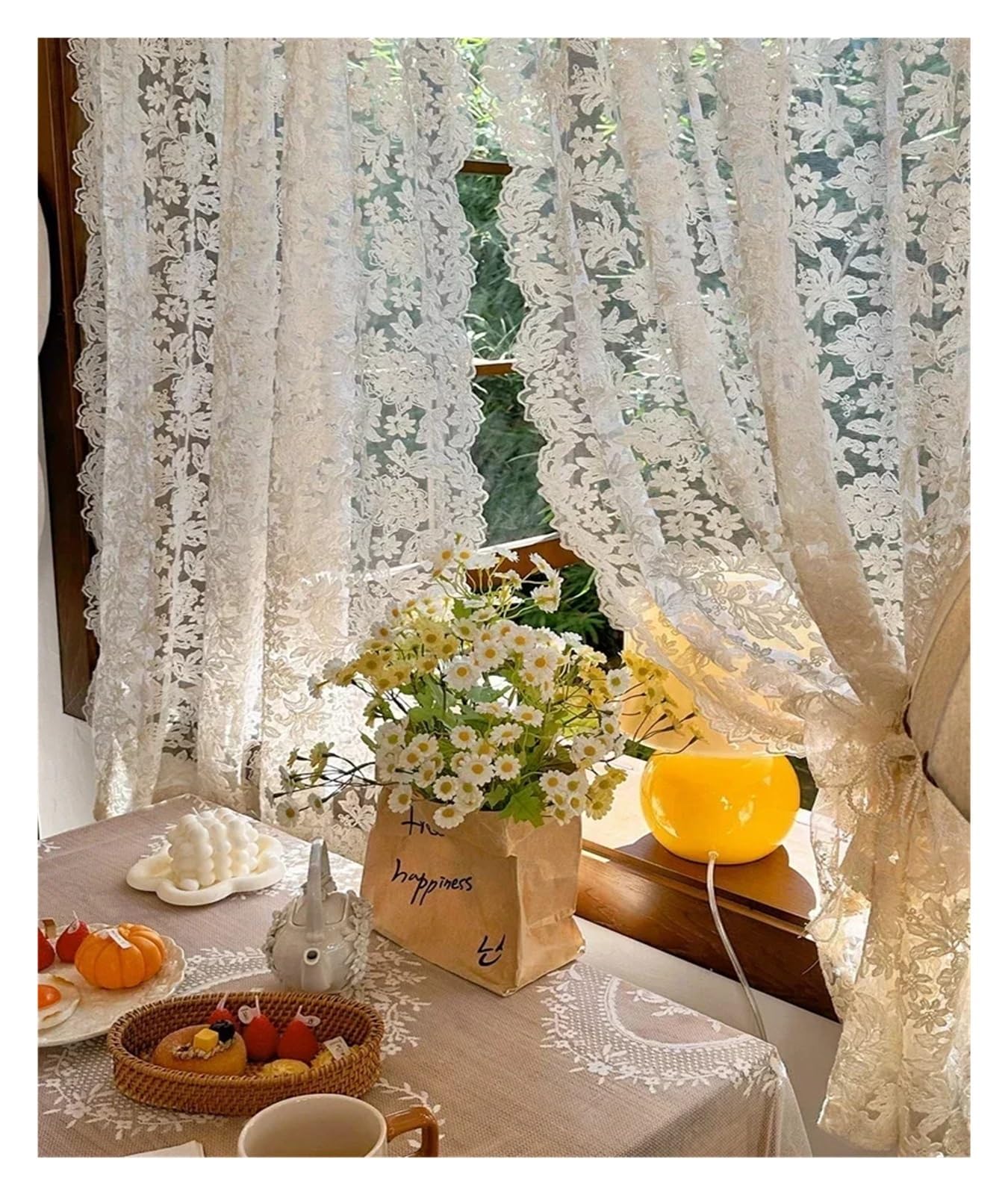 Rideau Dentelle à Bords Ondulés, Rideau de Séparation en Dentelle Palace, Gaze Brodée Vintage, Beige, Rod Pocket, W130cm x H250cm, 1 Pièce, pour Salon Chambre Cuisine