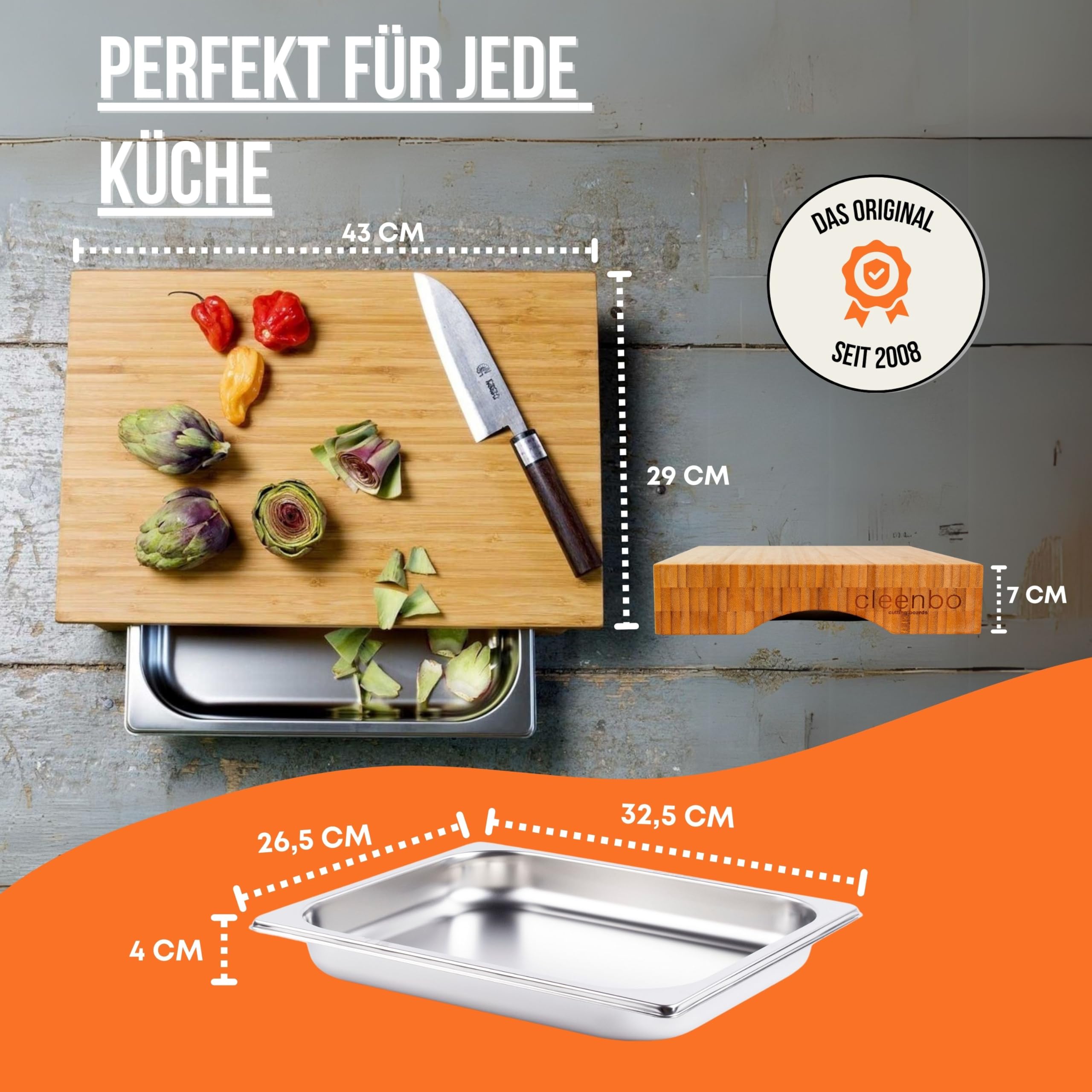 Schneidbrett mit Auffangschale "cube bamboo" Profi Holz Küchenbrett aus Bambus - Schneidebrett mit Auffangbehälter (Gastro Edelstahl Auffangwanne/Behälter), Bambusbrett Maße: 43 x 29 x 7 cm