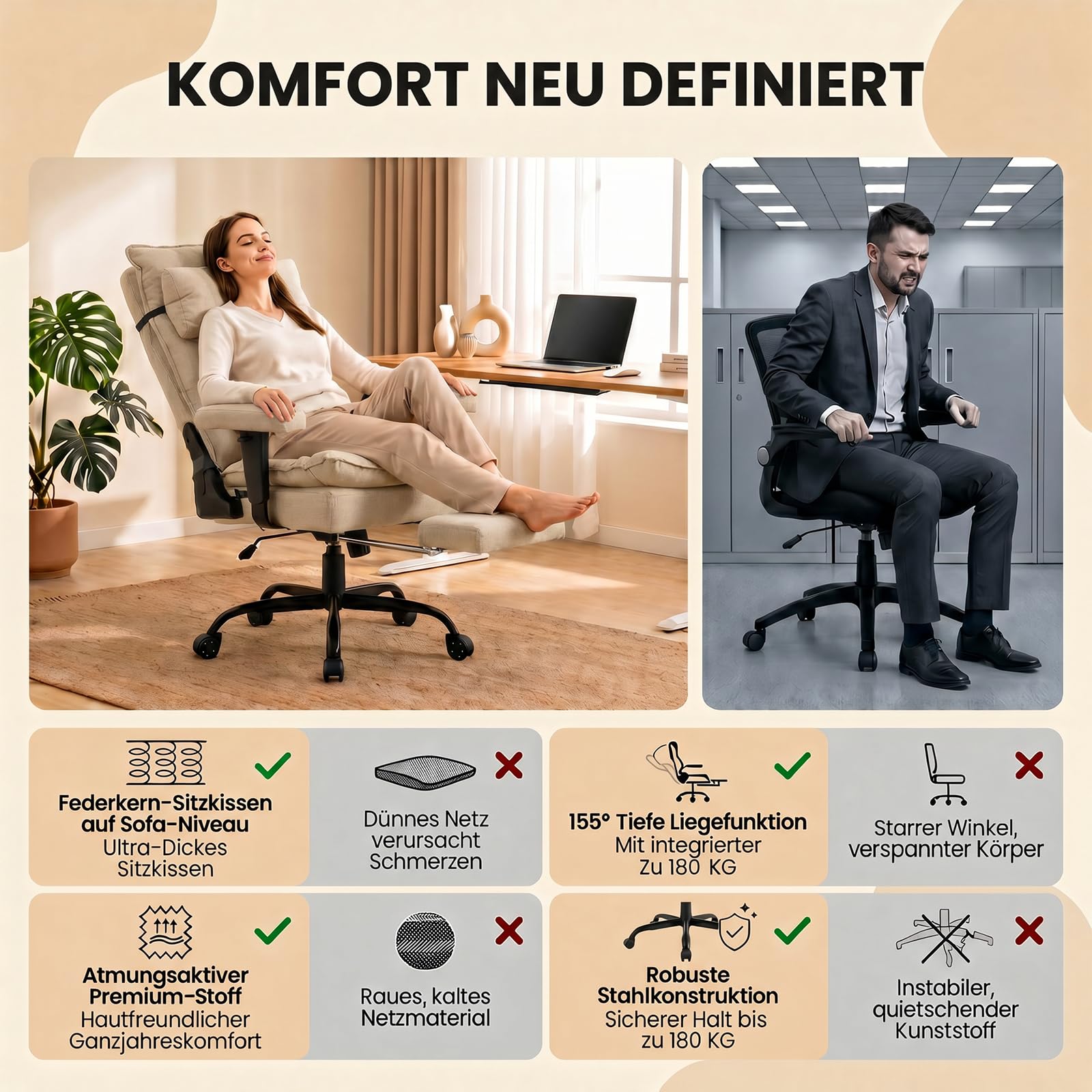 EXCEBET Bürostuhl mit Taschenfederkern, Ergonomischer Chefsessel aus Stoff mit Fußstütze, 155°Verstellbarer Schreibtischstuhl, Hoher Computerstuhl bis 180 kg, Breiter Sitz für Schneidersitz (Beige)