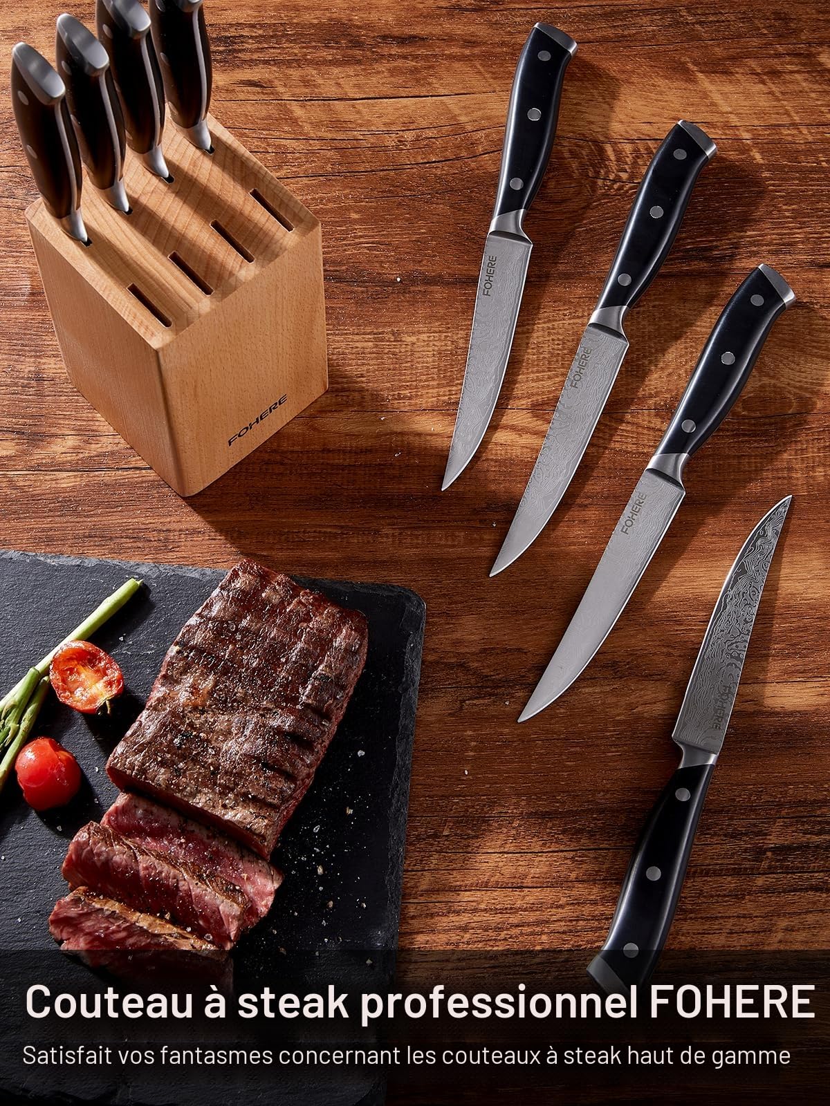 Couteaux à Steak, 8 Pièces Couteaux de Table avec Bloc à Couteaux, Ensemble de Couverts à Steak à Lame Droite Extra Tranchante, avec Motif Damas, Poignée Pleine Soie, Couteaux pour Maison et Cuisine