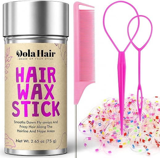Dolahair Hair Wax Stick & Accessories - Flyaway Control for Kids & Women, 50 Pcs Colorful Elastic Hair Bands, 1 Pcs Slick Back Hair Brush, 2 Hair Loop Styling Tools (Pink)