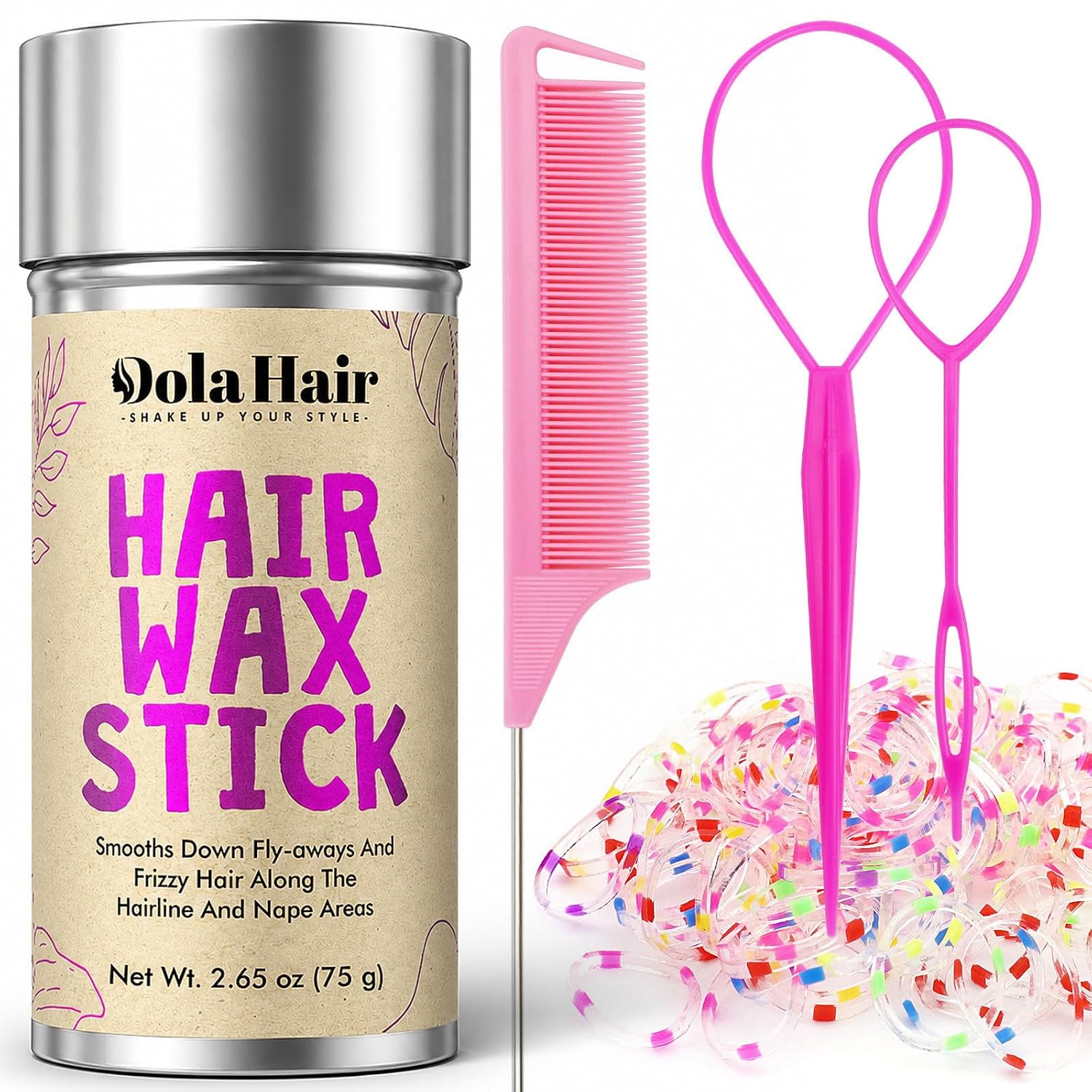 Dolahair Hair Wax Stick & Accessories – Flyaway Control for Kids & Women, 50 Pcs Colorful Elastic Hair Bands, 1 Pcs Slick Back Hair Brush, 2 Hair Loop Styling Tools (Pink)