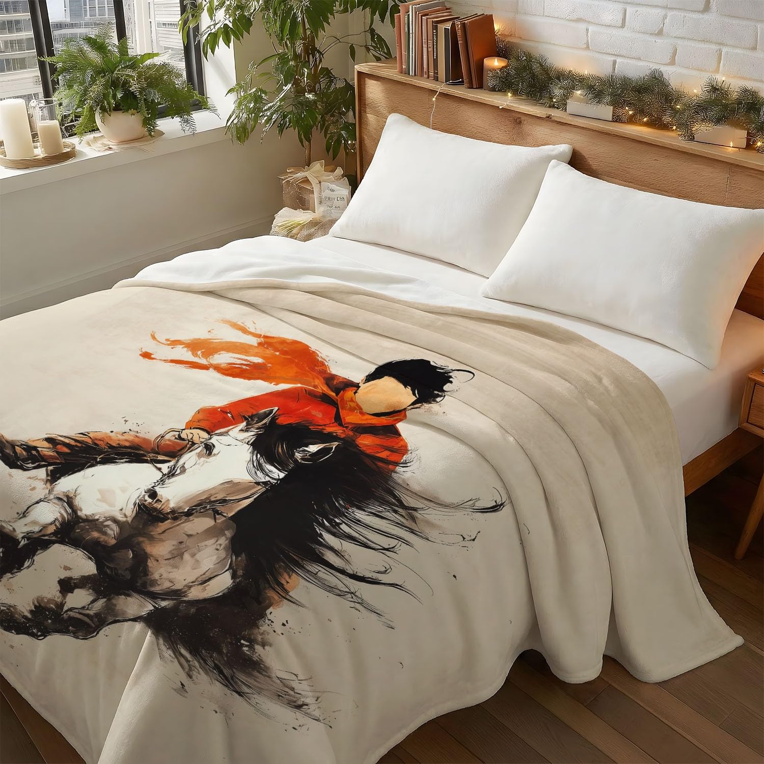 Przytulny koc flanelowy w stylu vintage, fantazyjny, koń, kowbojski, puszysty, miękki i ciepły, beżowy, koc na sofę, koc na kanapę, dla nastolatków i dorosłych, 150 x 200 cm