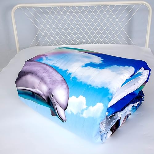 Miniatura 4 de Juego de edredón de delfines para niños, tamaño Queen, juego de edredón de dibujos animados blancos y azules para niñas y niños, juego de edredón