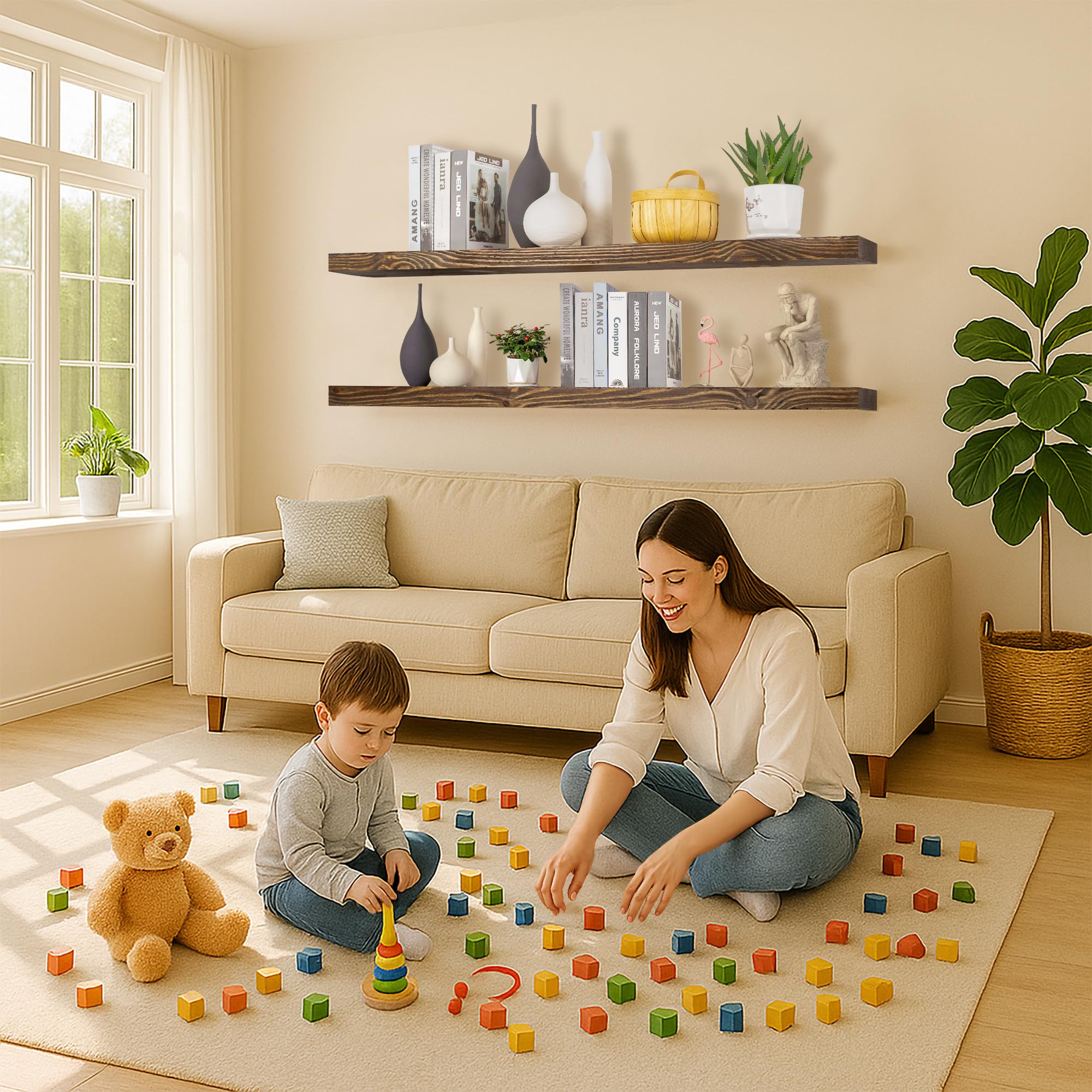 Floating Shelves 72 inch Long 8 "deep Set of 2, Heavy Duty Wood Wall Mounted Shelves for Bathroom Living Room Kitchen,Book Shelves with Thickened Hidden Bracket-Distressed Walnut
