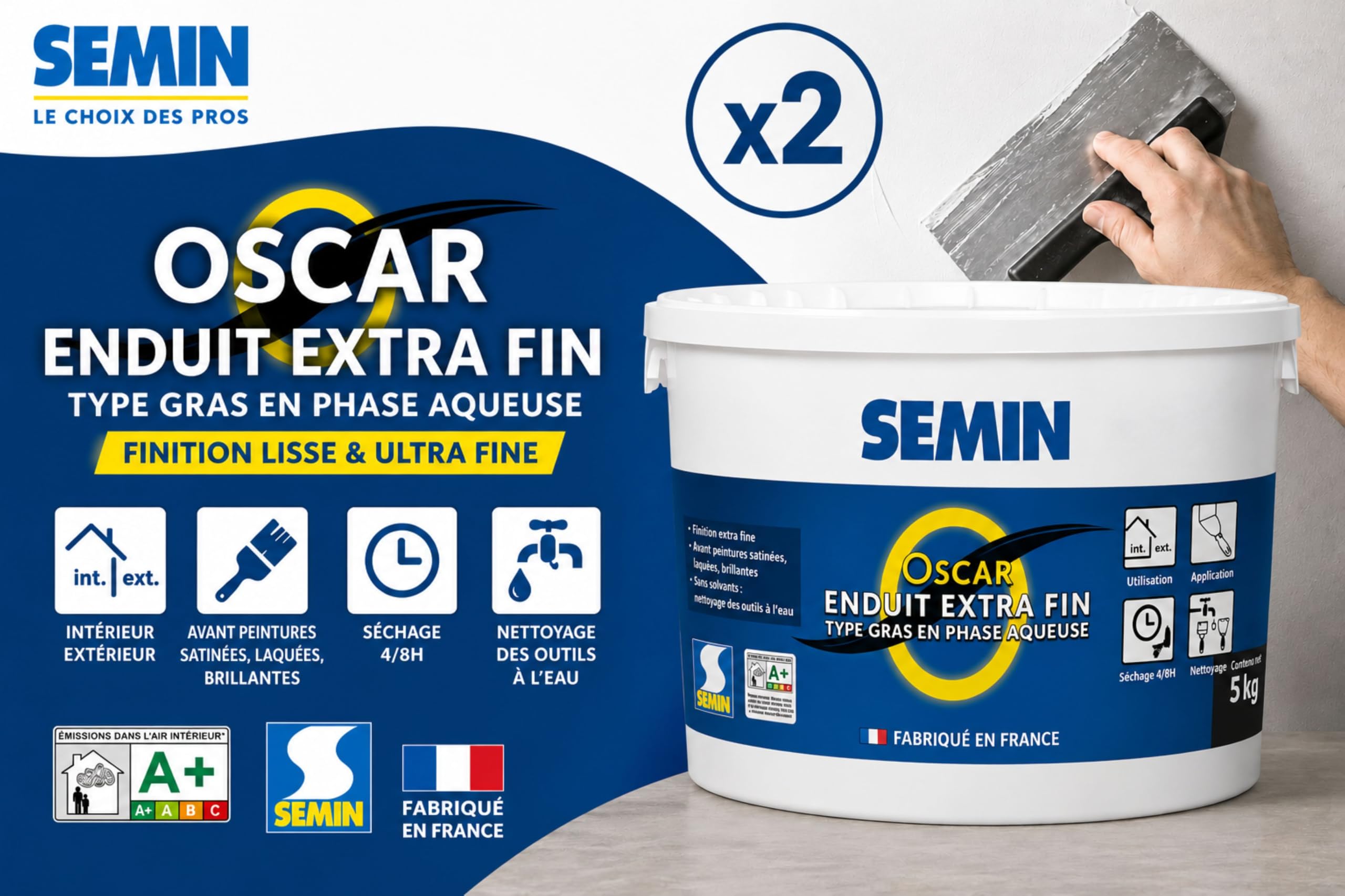 SEMIN OSCAR Enduit de Finition Extra Fin en Pâte – 2 X 5 kg – Prêt à l'Emploi – Intérieur & Extérieur – Lissage Ultra Fin Murs et Plafonds – Idéal Pièces Humides – Peinture & Papier Peint