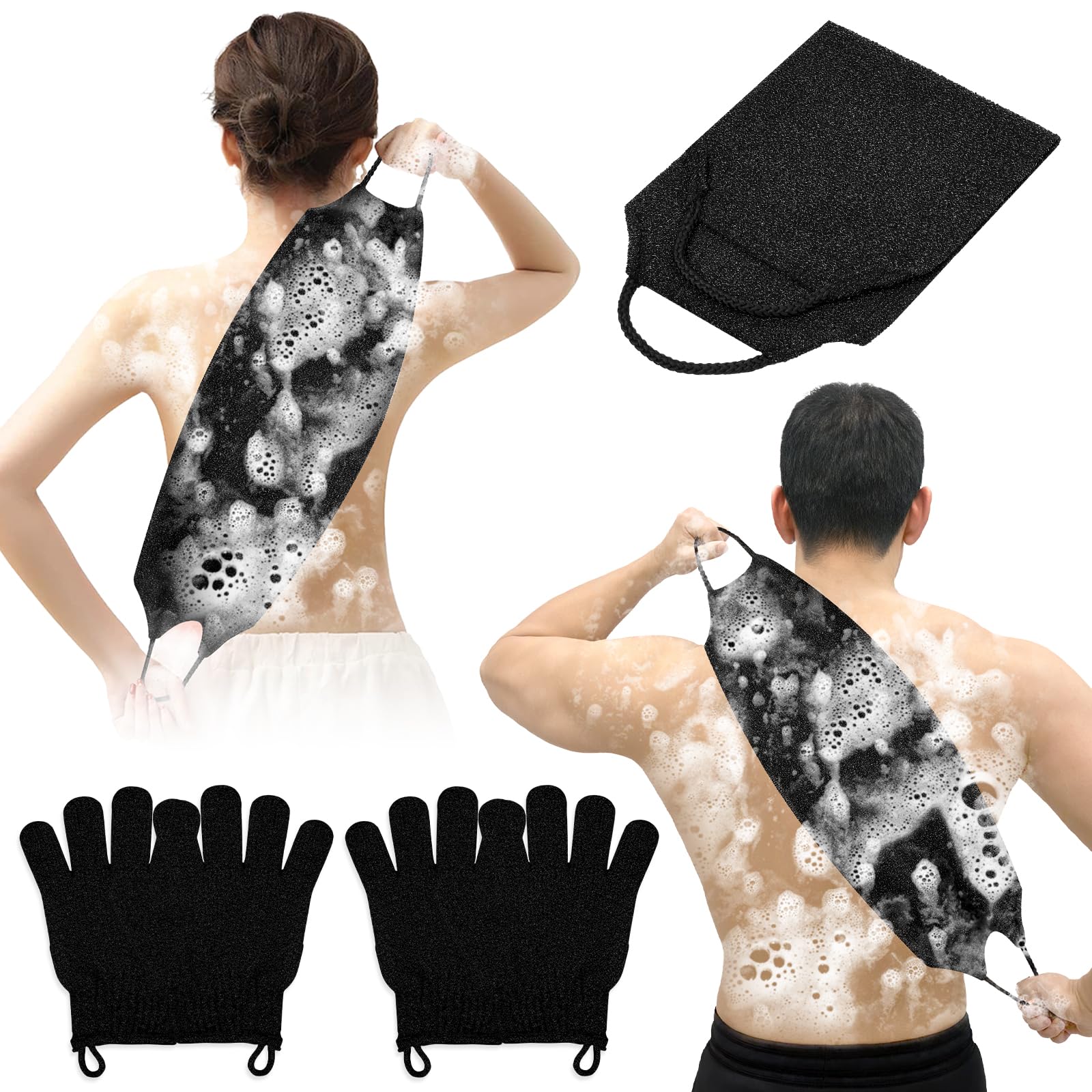 Vicloon Peeling-Rückenreiniger, 2 Paar Peelinghandschuh, 1 Doppelseitiger Rückenpeeling Waschlappen mit Griffen, Waschhilfe Entfernen Abgestorbener Doppelseitiger(Schwarz)