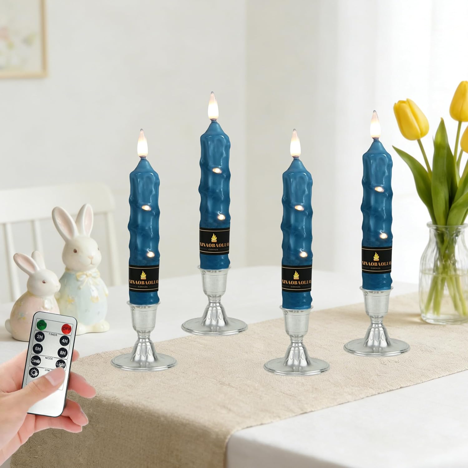6.5 inch Haze Blue Flameless Candle with String Light Window Candles with Remote Timer Battery Operated Taper Candle LED Taper Candles Set of 4