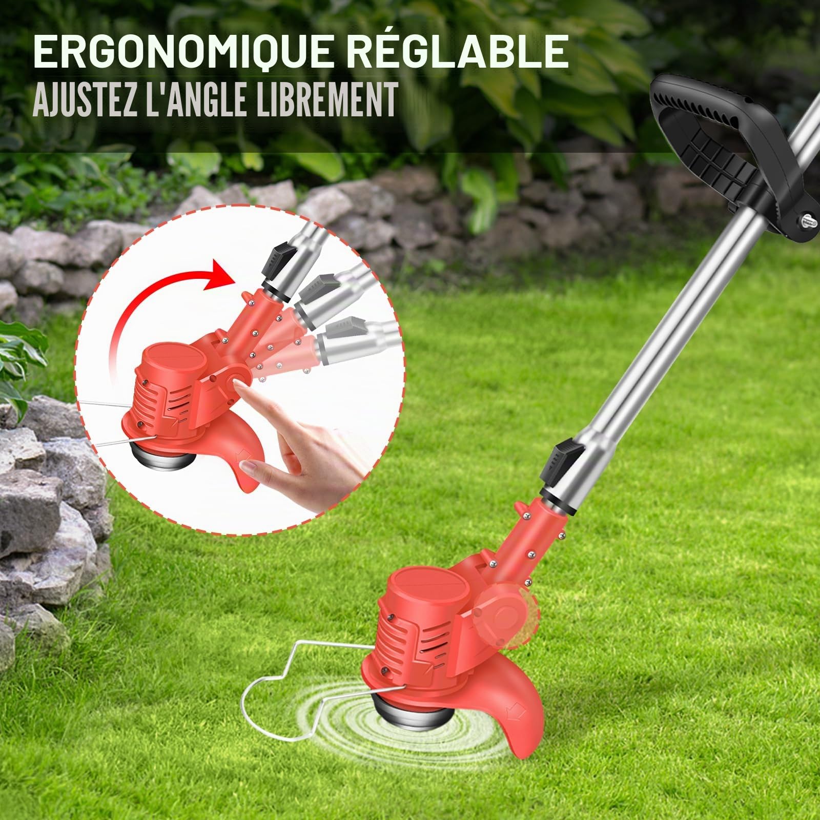 Débroussailleuse électrique pour jardin et pelouse, coupe-herbes robuste sans fil avec 2 batteries, rouge