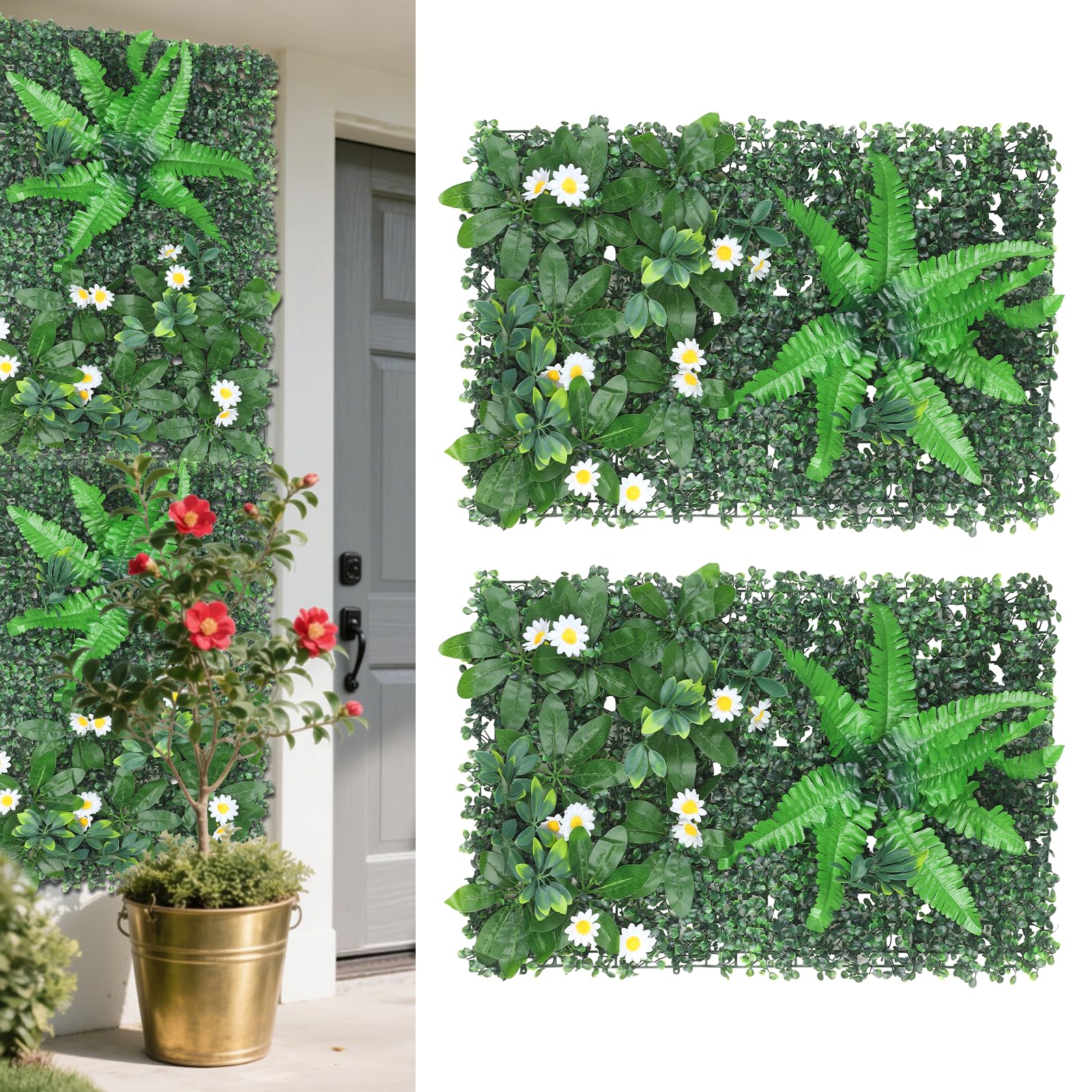 2 paneles de pared de color verde artificial, para pared, plantas artificiales con flores, pared verde simulada, apto para interiores, exteriores, pared, balcón, jardín, decoración de fondo de boda
