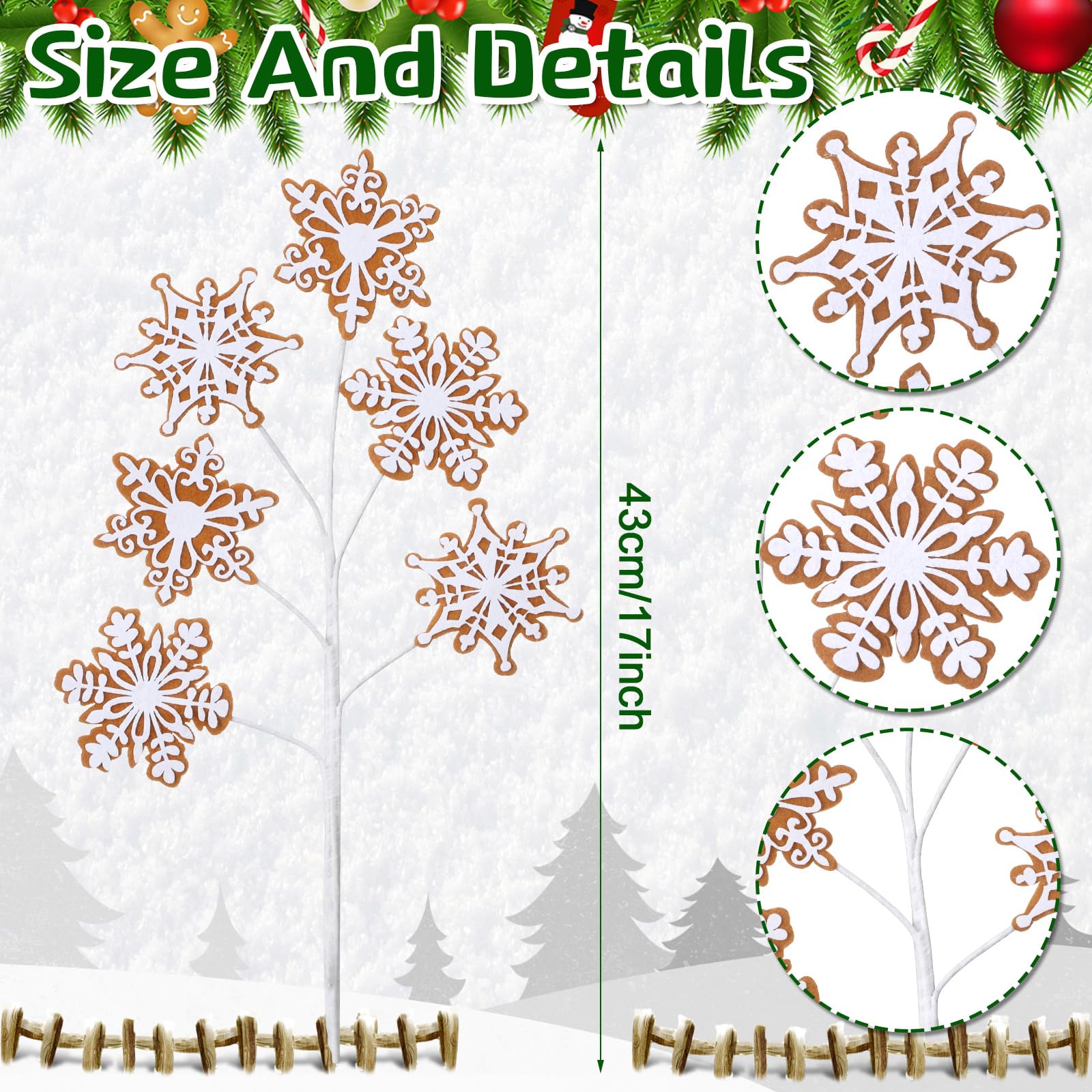 Condition photo showing New/Like New for Gejoy 6 Pcs Christmas Gingerbread Decorations 17'' Snowflake Gingerbread Tree Topper Picks Felt Branch Christmas Tree Sprays Ornament for Xmas Vase Filler New Year Craft Holiday Indoor Party Decor