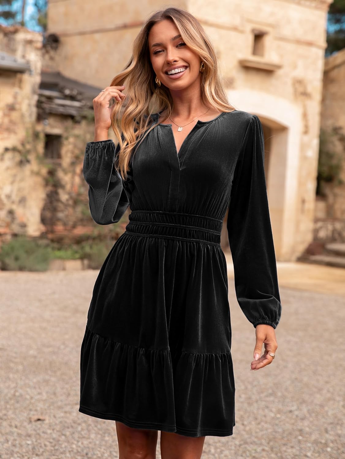 Simplee Womens Velvet Dress 2025 Fall Cocktail Long Sleeve Empire V Neck Wedding Guest Holiday Mini Dresses with Pockets - Image 2