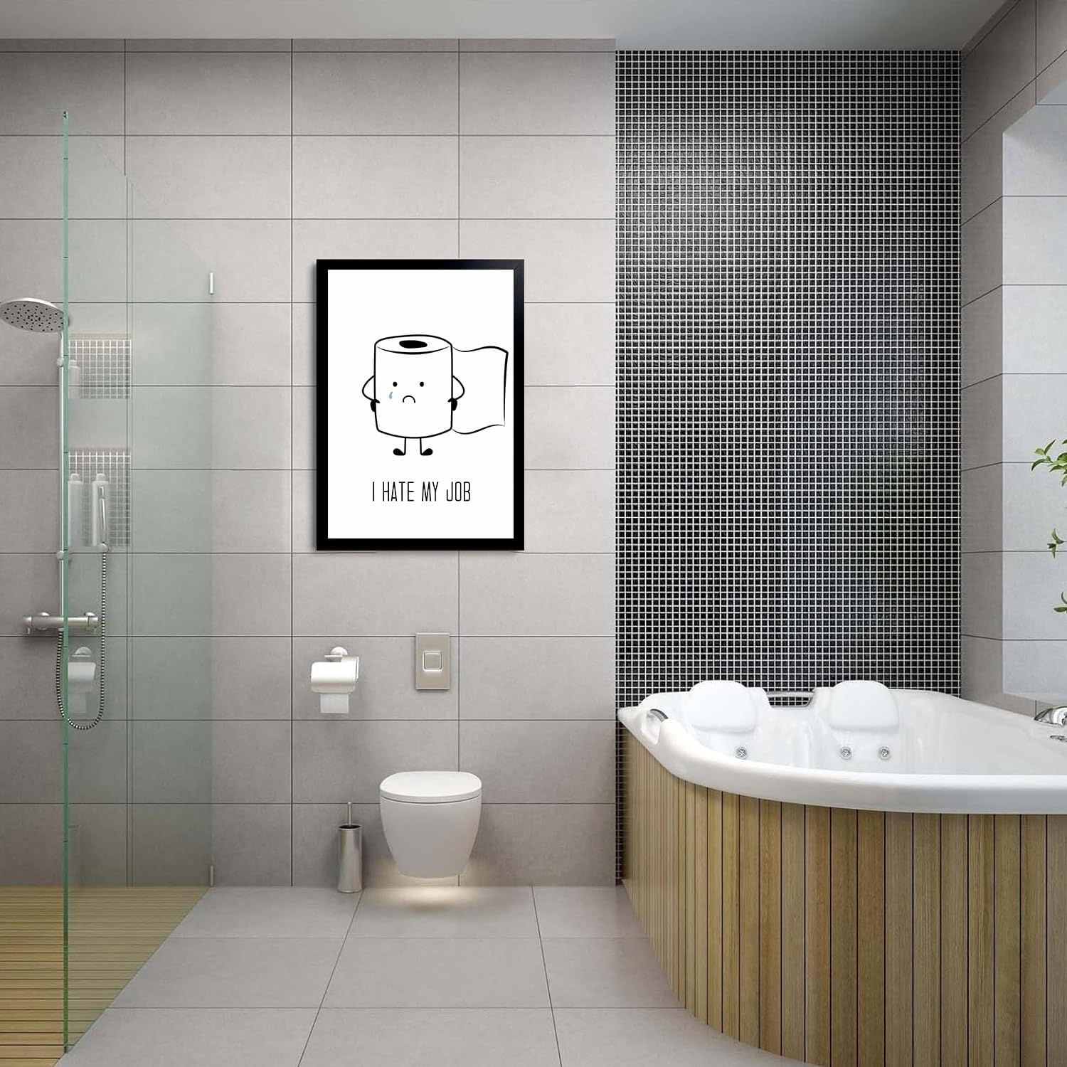 ILLBDR Bathroom Framed Wall Art Funny Bathroom Wall Art Black and White Print Humorous Minimalistic Canvas Artwork Toilet Paper Decor for Guest Toilet Framed 12"x16"