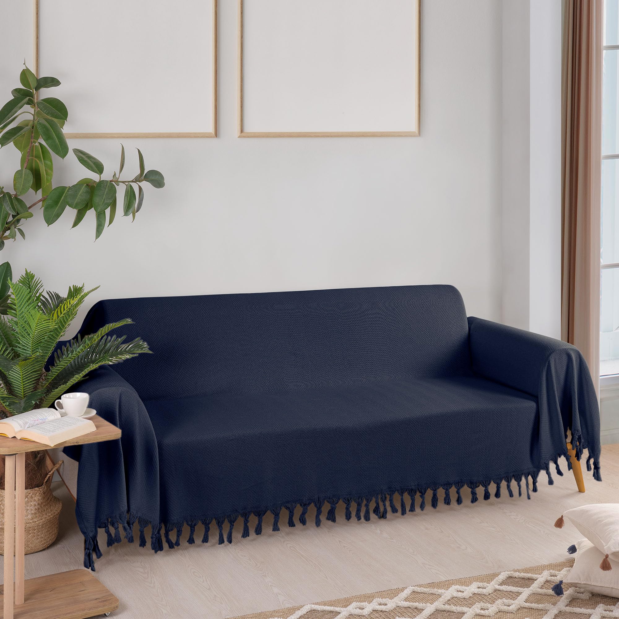 Milam London Manta grande para sofá de 3 plazas, manta extragrande para sofás, manta de espiga de 180 x 300 cm (azul marino)