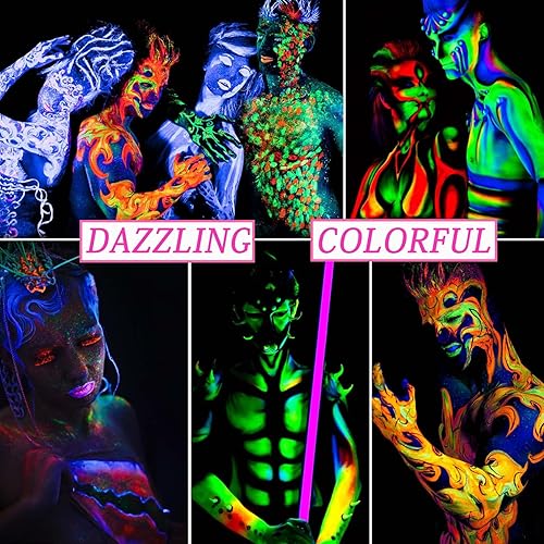 Miniatura 7 de 6 piezas de pintura corporal y facial que brillan en la oscuridad, pinturas corporales de neón de luz negra, maquillaje fluorescente lavable de