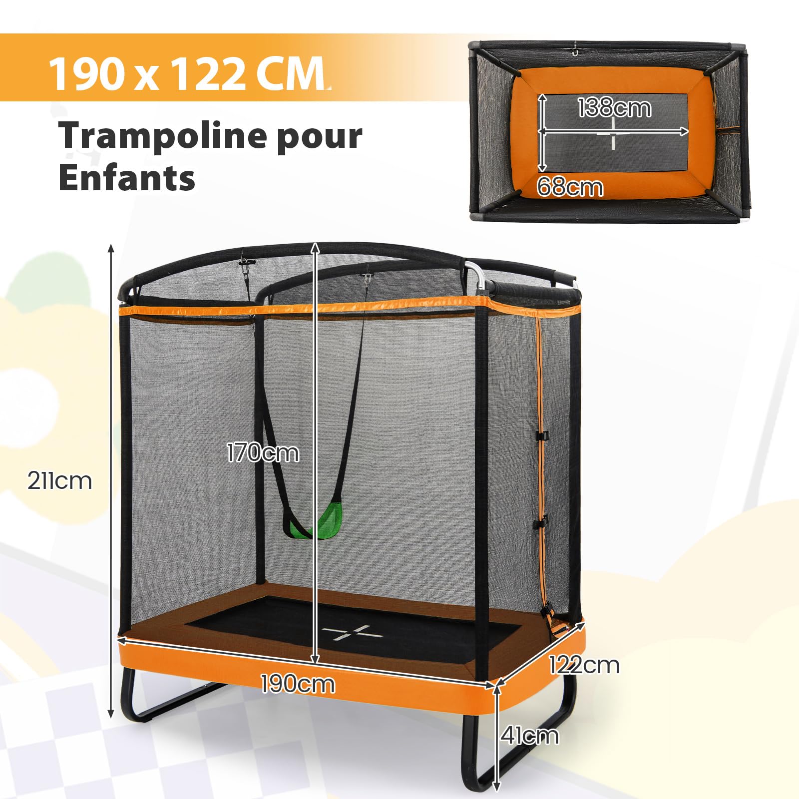 COSTWAY 2 en 1 Trampoline Extérieur Enfants Rectangulair (190x122cm) avec Balançoire Amovible, Trampoline de Jardin avec Filet de Sécurité, Charge Max 100kg pour Garçon et Fille de 3 Ans+