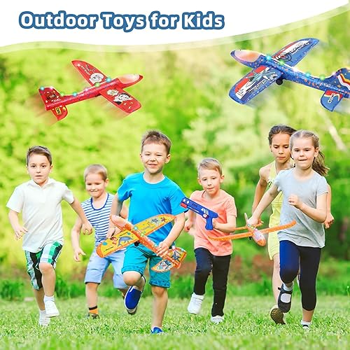 Miniatura 7 de Paquete de 3 juguetes de lanzamiento de avión de espuma, avión de catapulta LED con 2 modos de vuelo, juguetes al aire libre para niños, juguetes de