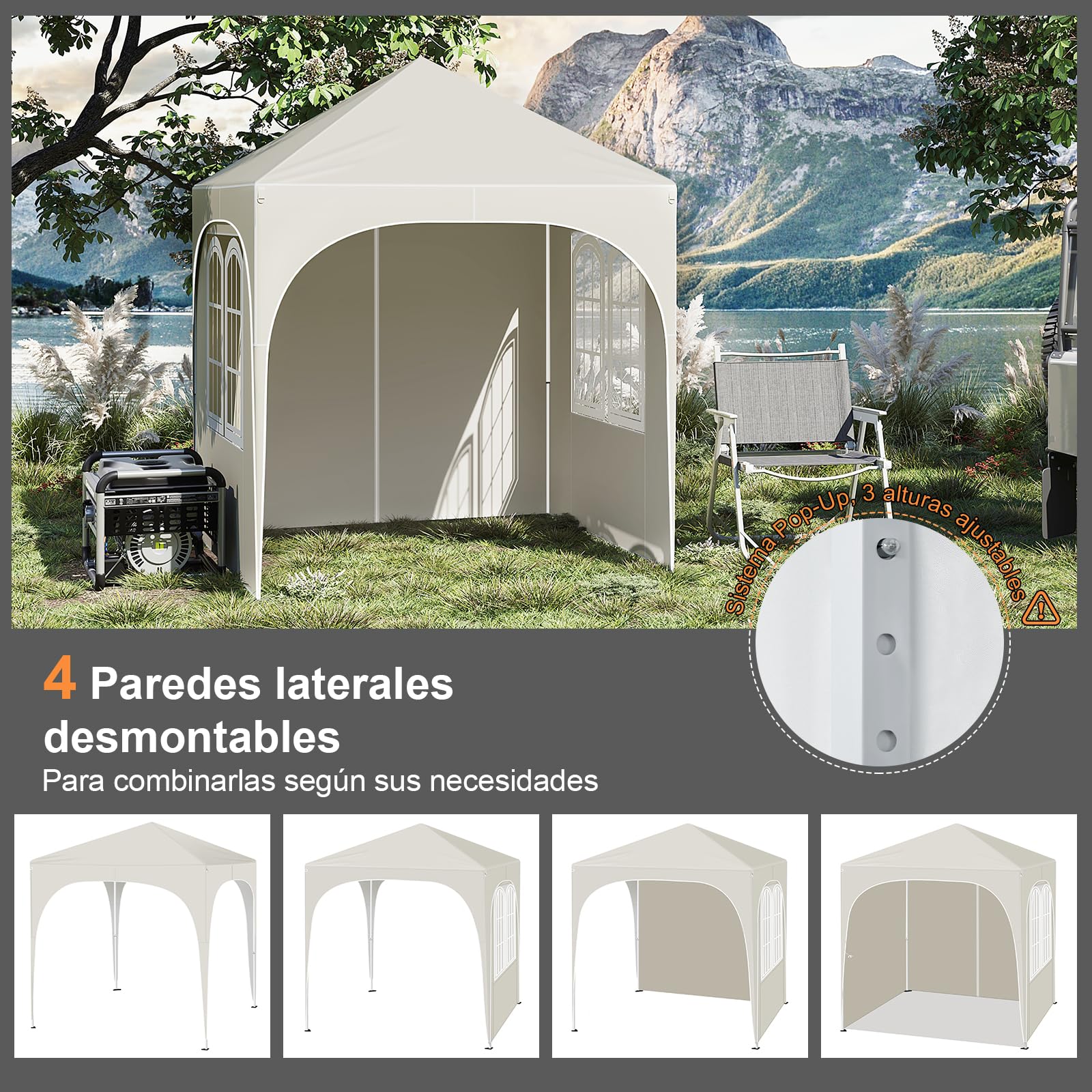 WOLTU Carpa Plegable 2x2m con 4 Paredes Desmontables - Protección Solar UPF 50+, Estructura Antiviento EN13561, 3 Alturas Ajustables, Toldo para Jardín/Playa/Camping - Beige