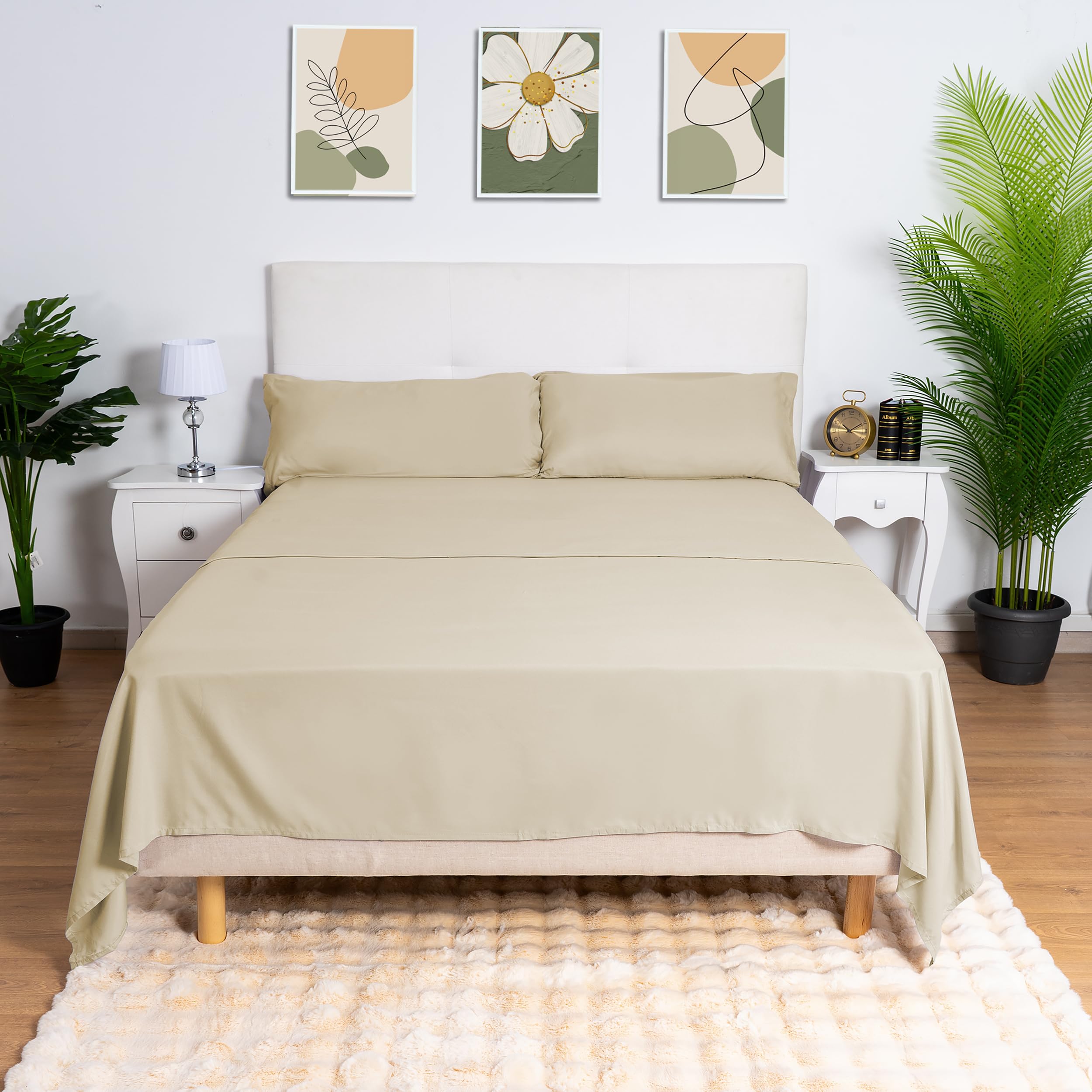 H HANSEL HOME Juego de Sábanas Cama 180, Juego Sábanas 180x190/200cm 4 Piezas, Microfibra Extra Suave, Sábanas Bajera Ajustable, Encimera, 2 Fundas de Almohada - Juego Sabanas Beige