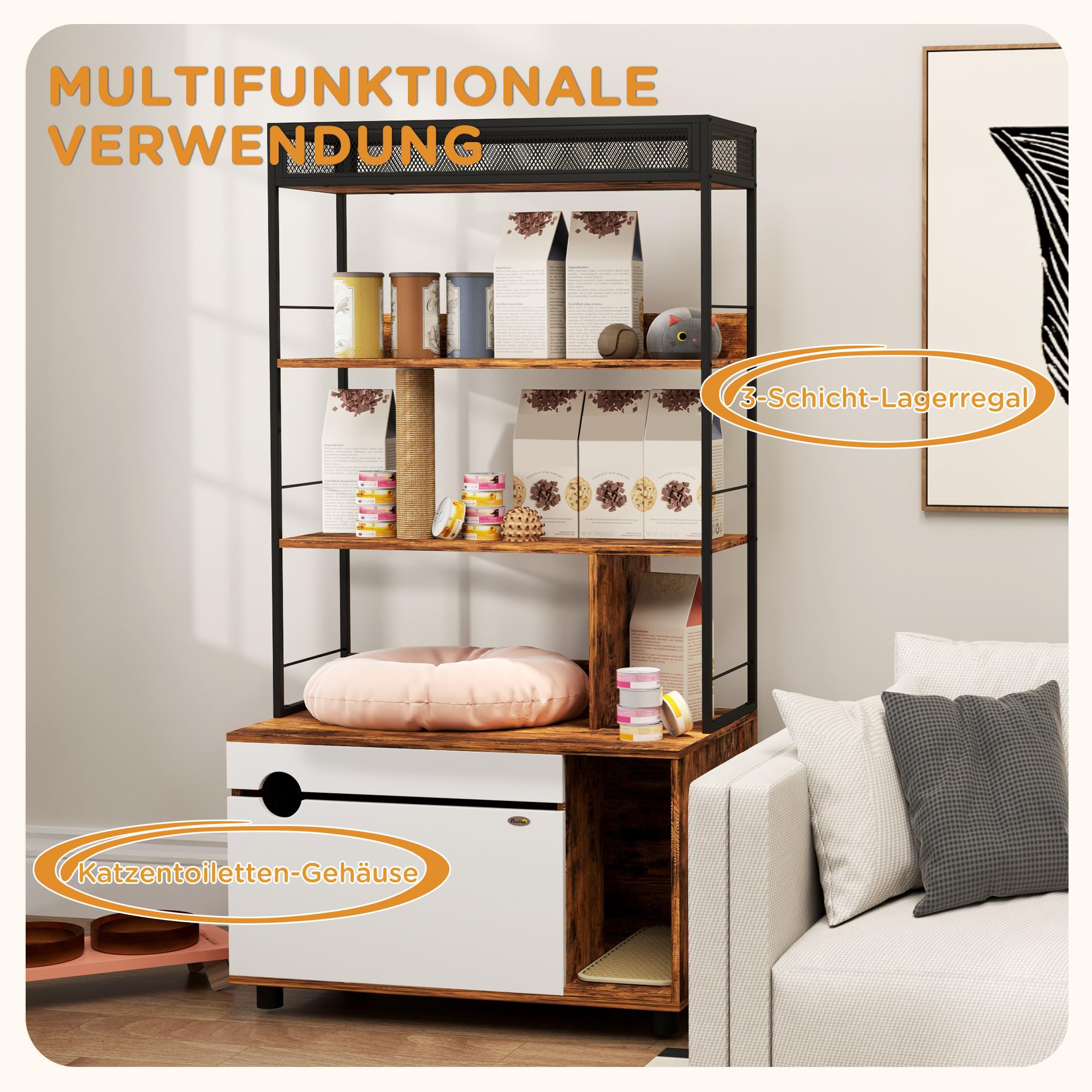 PawHut Katzenklo-Schrank, Katzenschrank, 2 in 1 Versteckter Katzentoilette mit 3-Ebenen-Regal, Kratzpfosten, Klapptür, Katzenhaus für Katze unter 6 kg, 80 x 48 x 152 cm, Rustikal-Braun