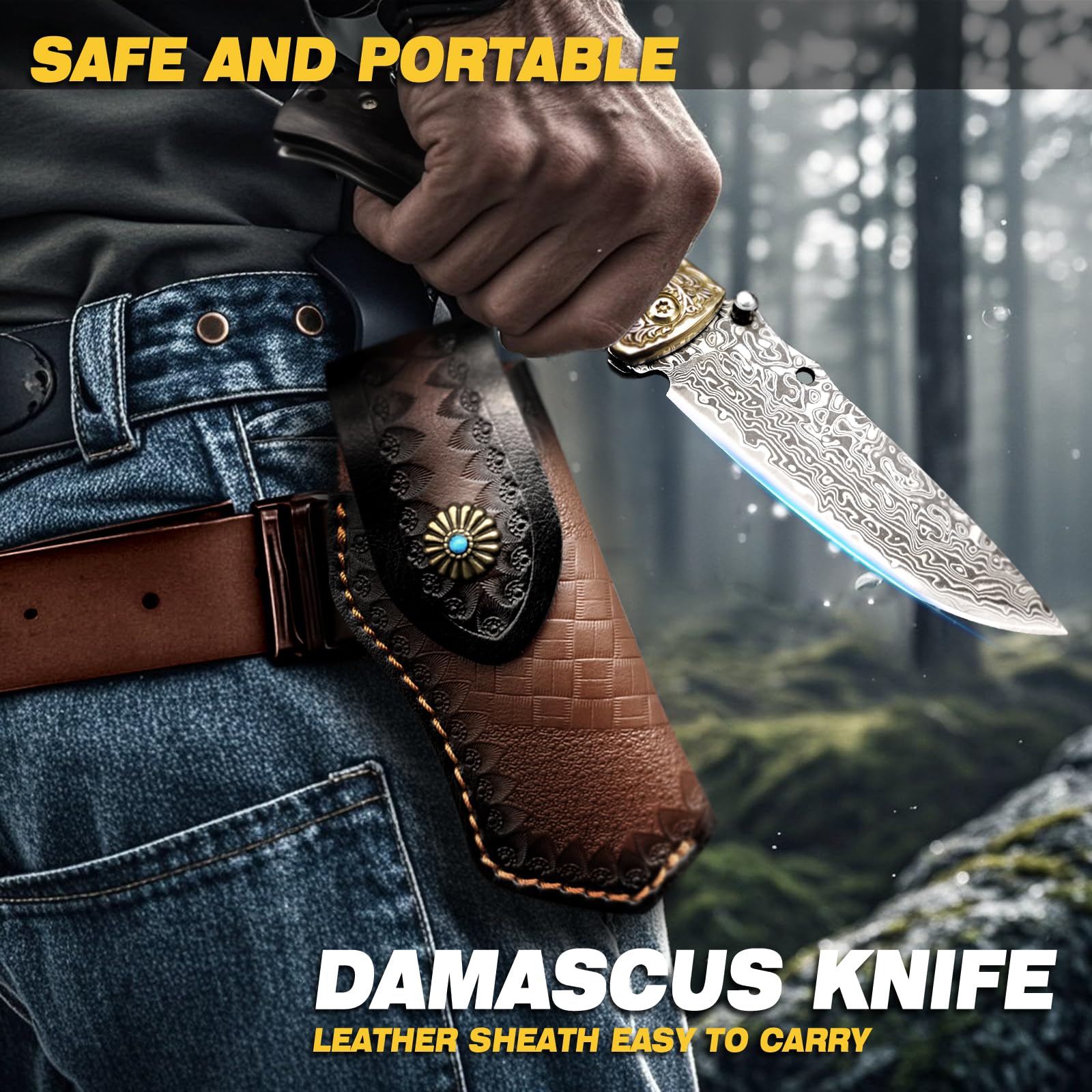Damast Klappmesser, Handgeschmiedetes EDC Taschenmesser Aus 67-lagigem VG10 Stahl, Tragbares Outdoor Messer Für Camping, Wandern, Angeln Und Bushcraft
