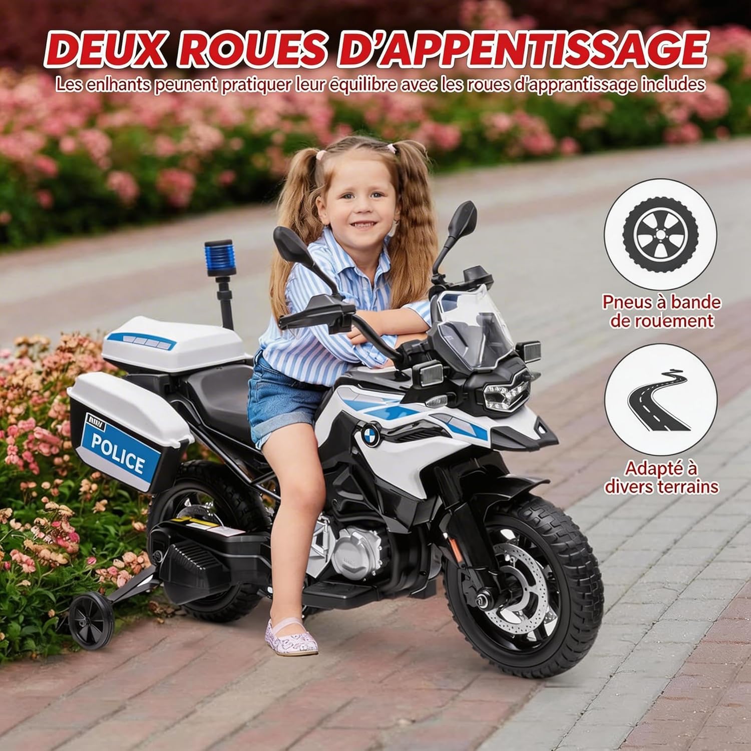 12V Children's Police Electric Motorcycle, Police Motorcycle, 2 Motors, 2 Adjustable Speed, EVA Tyres, LED Headlights, Anti-Tip, for Children 3-8 Years Old