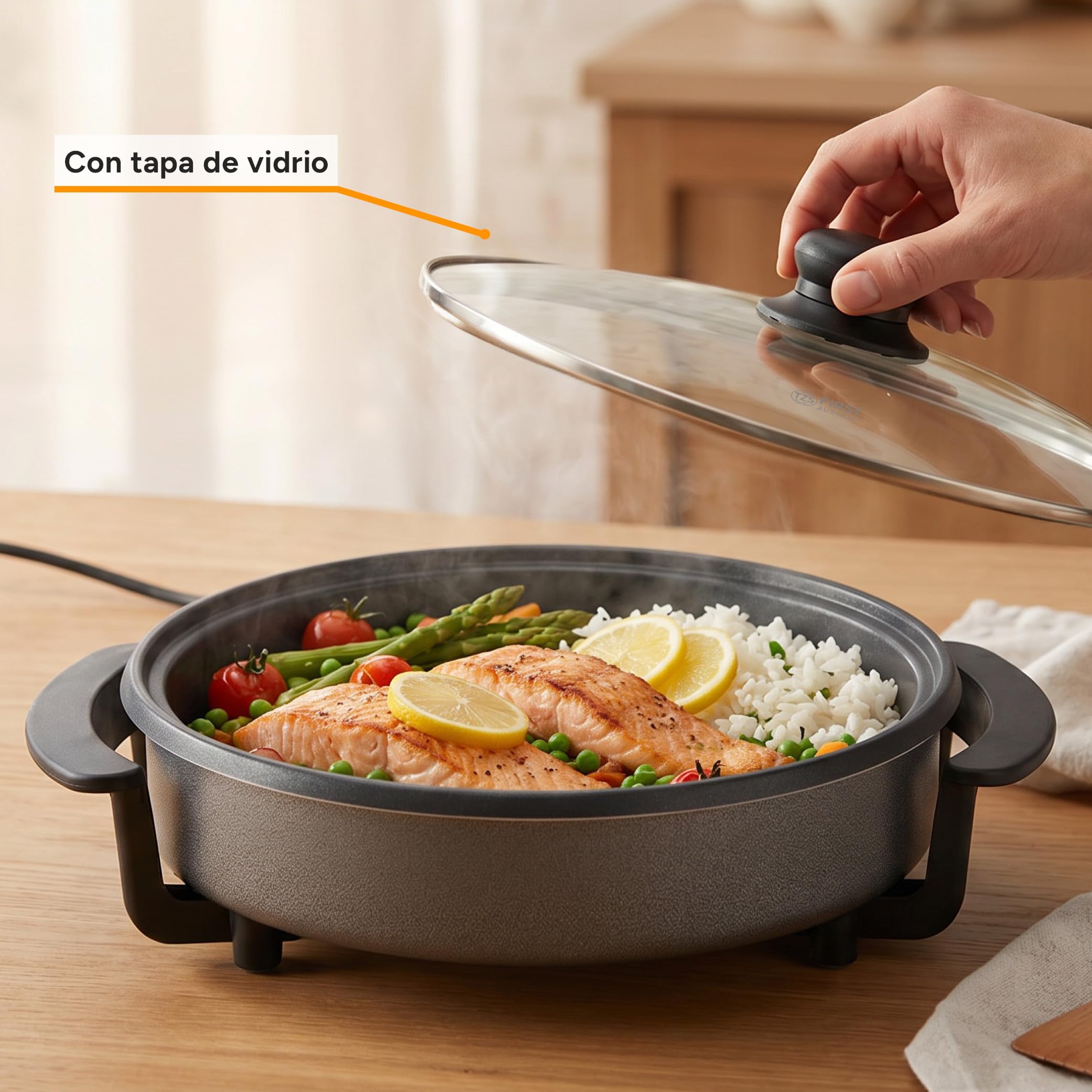 TZS First Austria - Paellera Eléctrica 1,8L - 1500W - 5 Niveles de Temperatura - Termostato, Tapa de Cristal y Antiadherente - Ø30cm Sartén Eléctrica Multifunción hasta 240°C - Gris