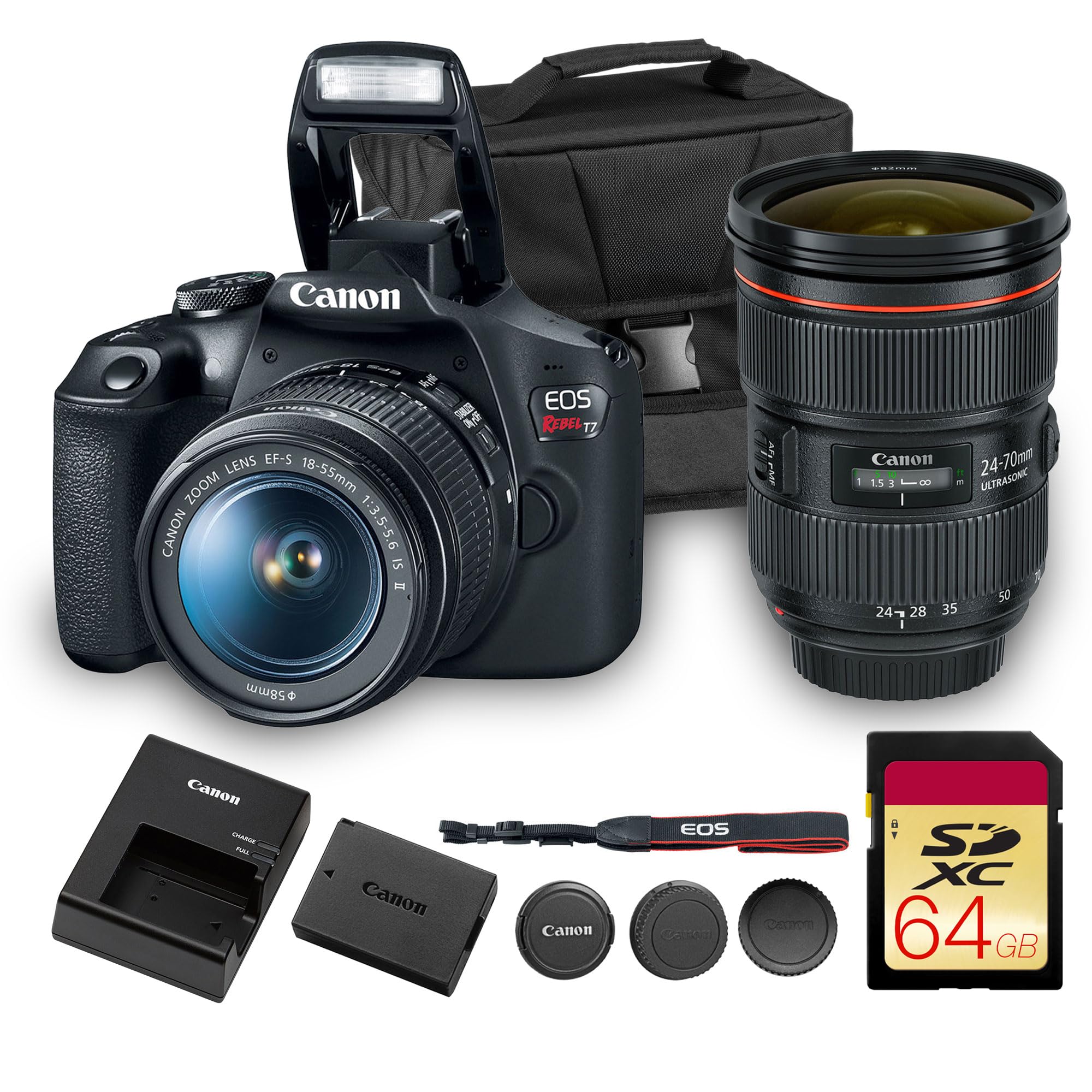 Canon EOS Rebel T7 DSLR Camera Kit | 24.1MP APS-C Sensor with EF-S 18-55mm Lens | Full HD 1080p Video Compact Beginner-Friendly Photography (2727C002) + Canon EF 24-70mm f/2.8L Lens + Bag + 64GB Card w/ 18-55mm & 24-70mm Lens