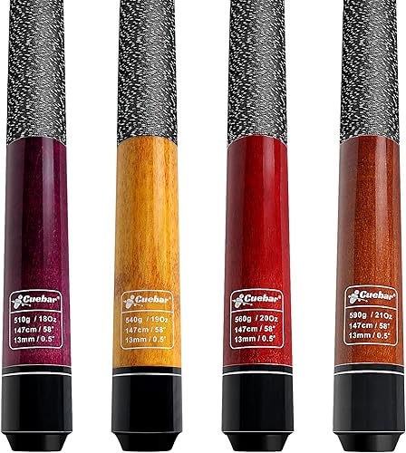 Juego de tacos de billar CUEBAR de 4, palos de 1.47 m de maple de 2 piezas en 4 colorespesos (18-21 oz) con punta de 13 mm y empuñadura de lino,