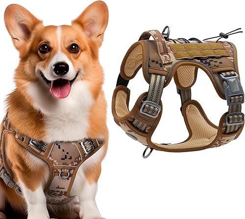 PUREVACY Arnés táctico para perro con asa mediana para mascotas, arnés de camuflaje de color desierto para entrenamiento y trabajo, chaleco táctico