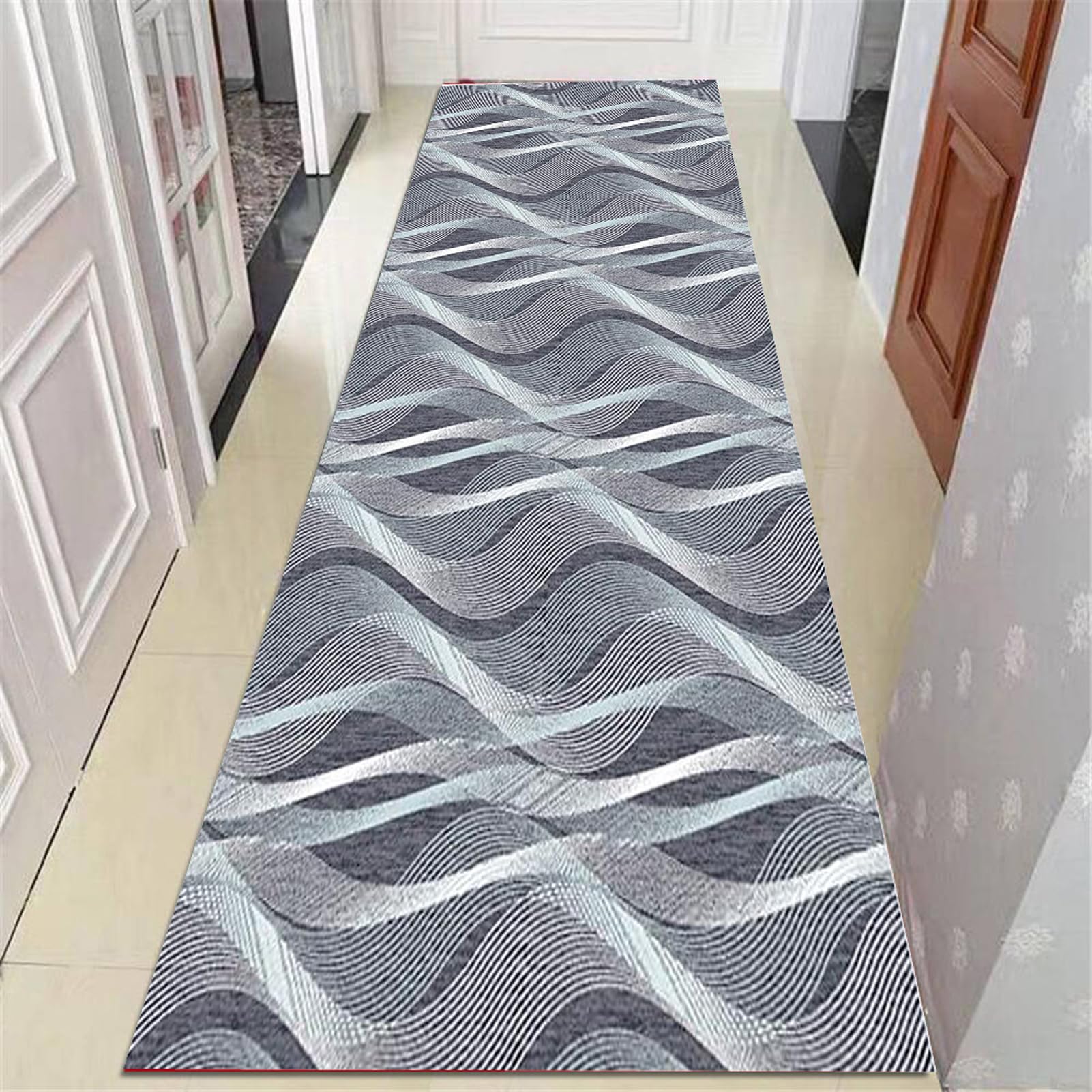 Antiscivolo Tappeto Passatoia Cucina 1.7 Metri - Tappeto Runner Lavabile in Lavatrice, Grigio-Blu con Disegno Astratto, Materiale Poliestere Durevole per Interni/Esterni/Ideale/Uffici 100x170 cm